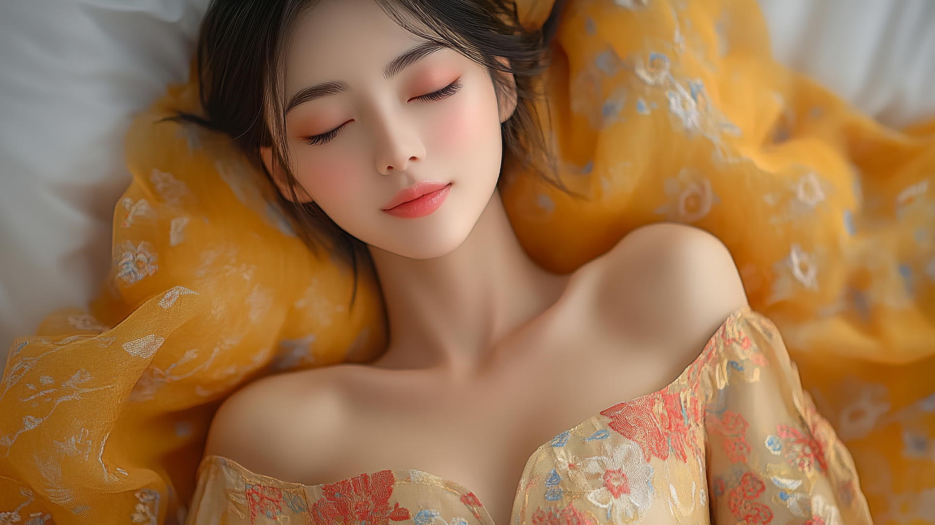 Top-down view of a smiling Vietnamese woman in an Ao Dai, in bed, with pink skin and natural light.