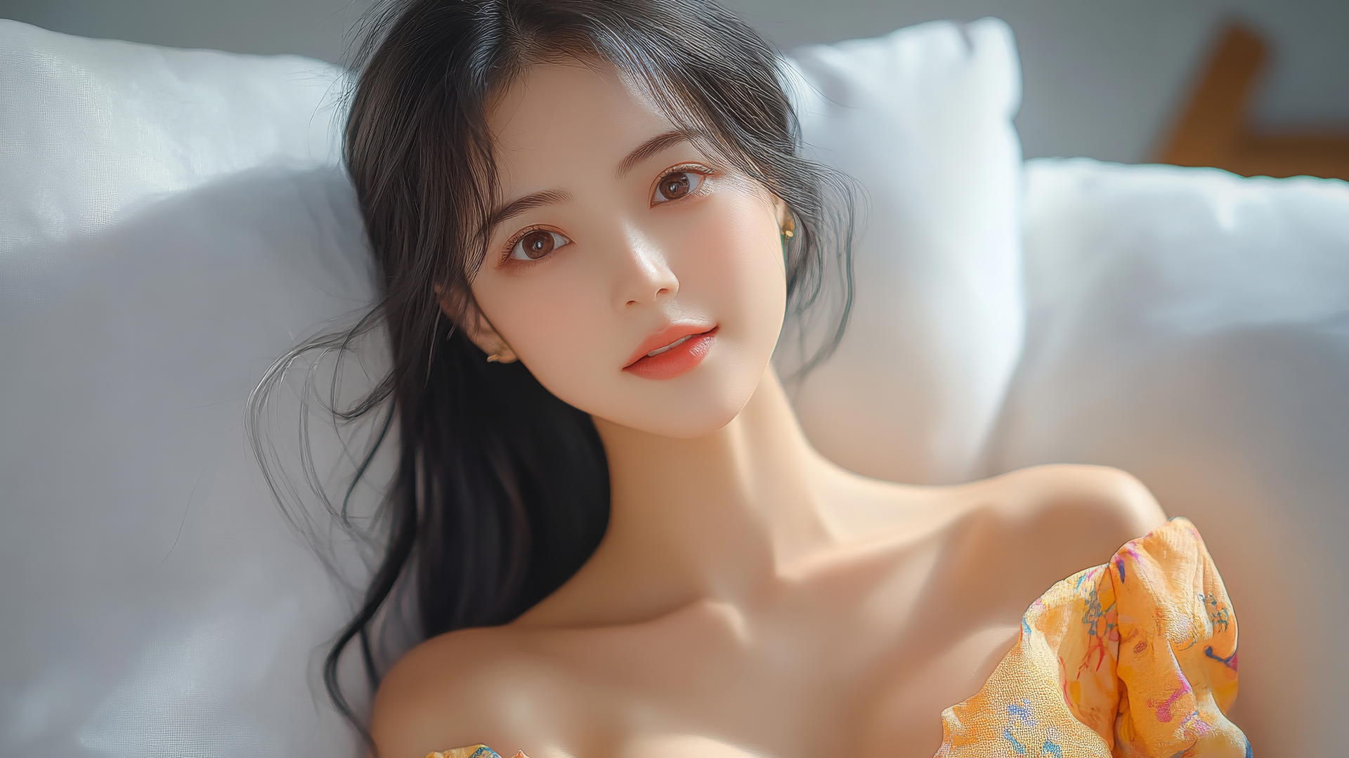 Top-down view of a smiling Vietnamese woman in Ao Dai dress lying in bed