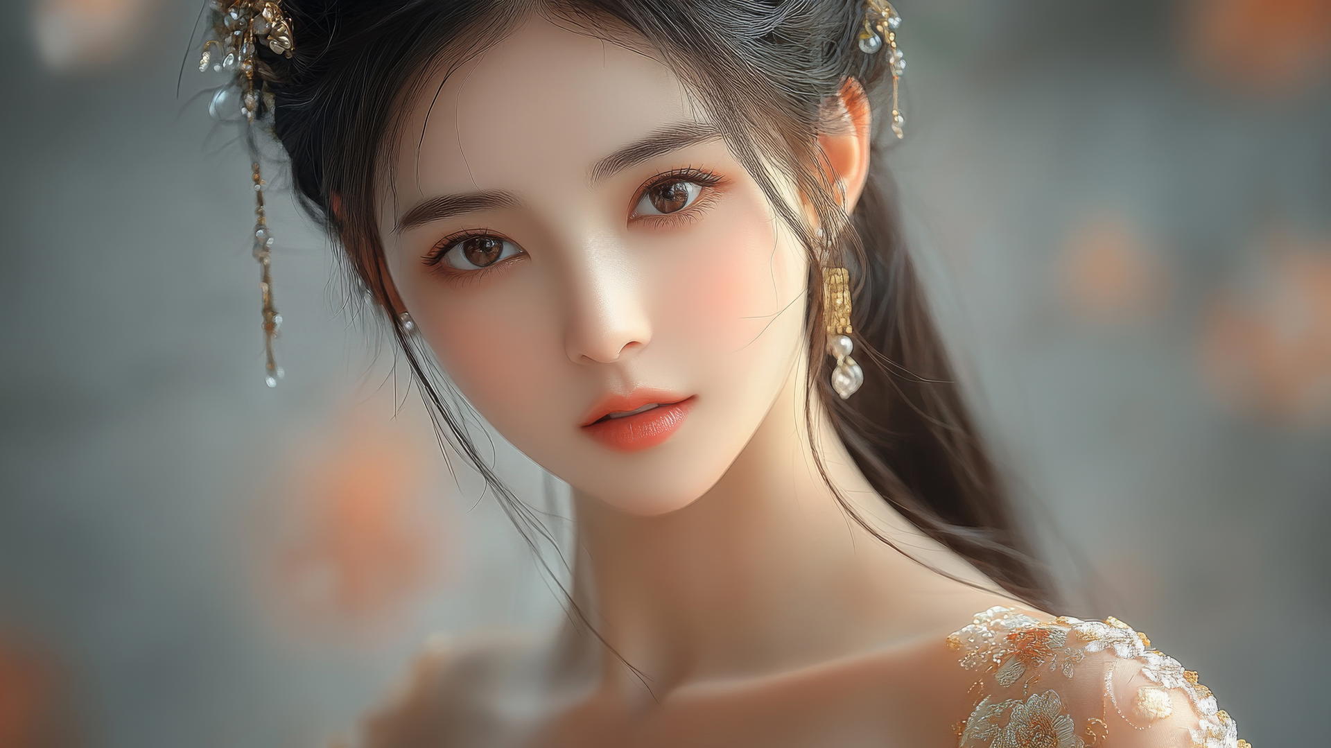 Smiling woman in Chinese costume with long black hair and round face in side light