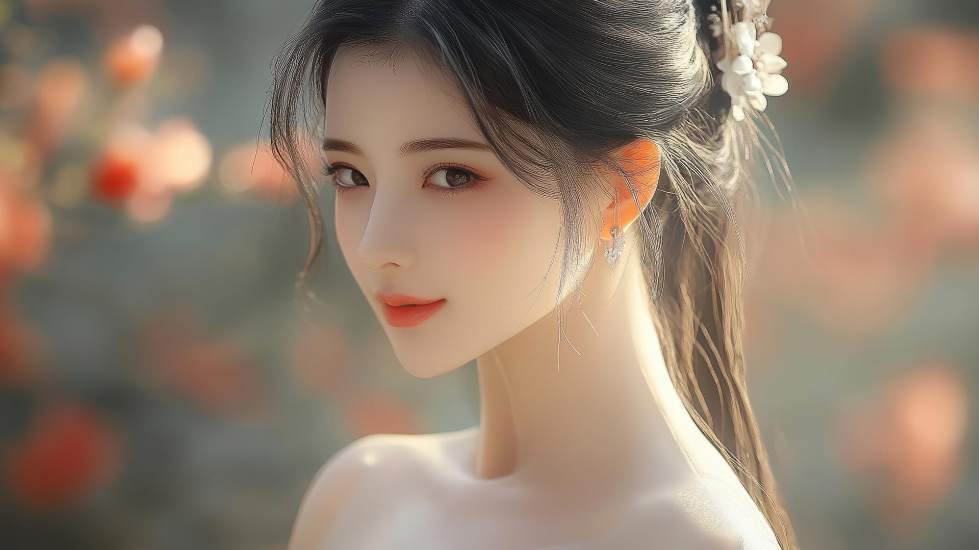 Smiling woman in Chinese costume with long black hair and side lighting
