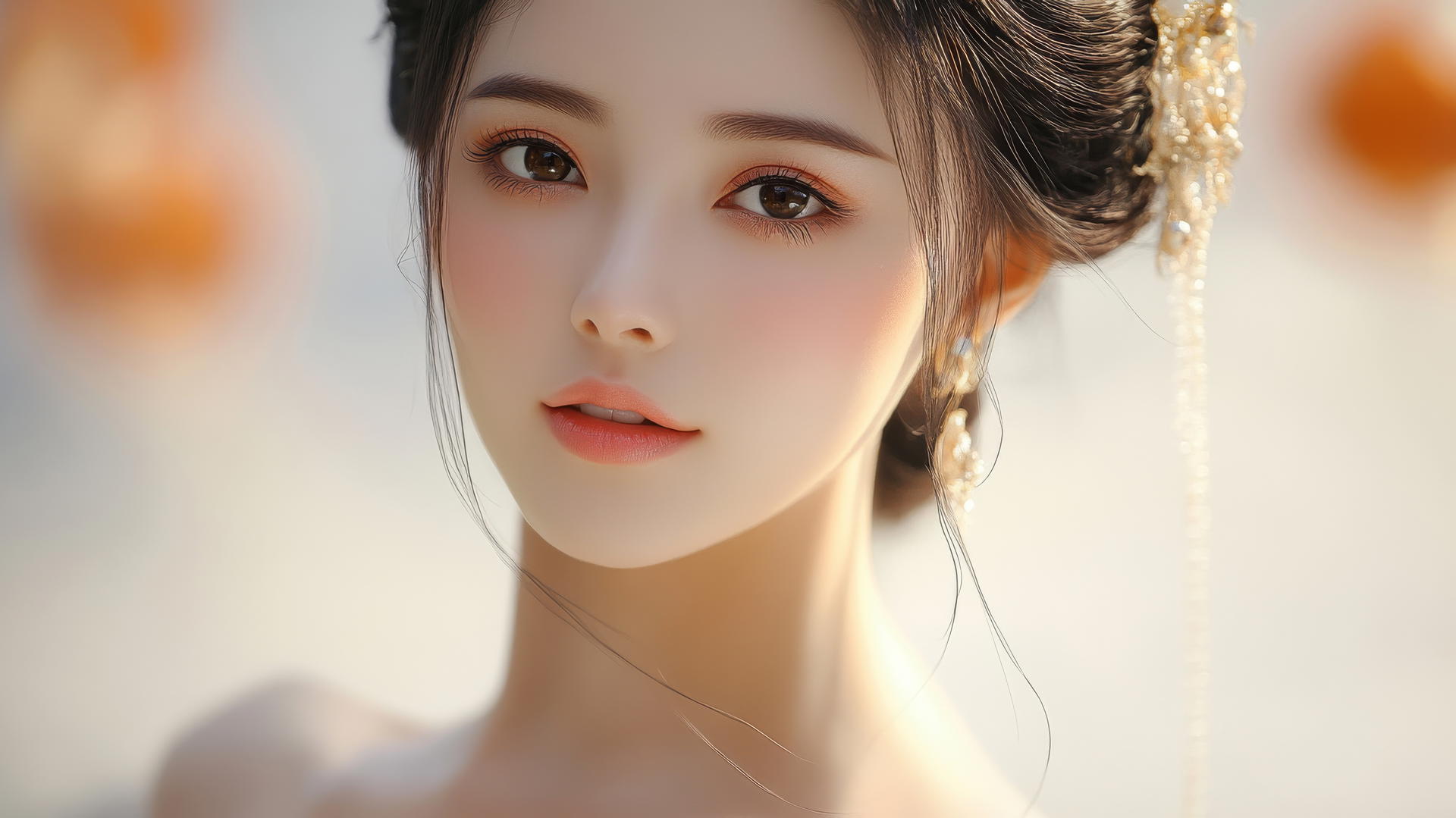 smiling woman with long black hair in Chinese costume with side lighting