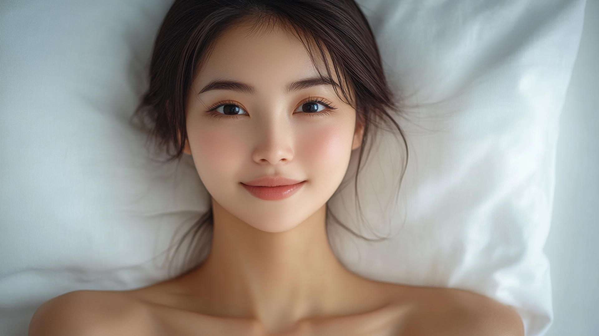 Top-down view of a smiling Vietnamese woman in Ao Dai, with smooth pink skin
