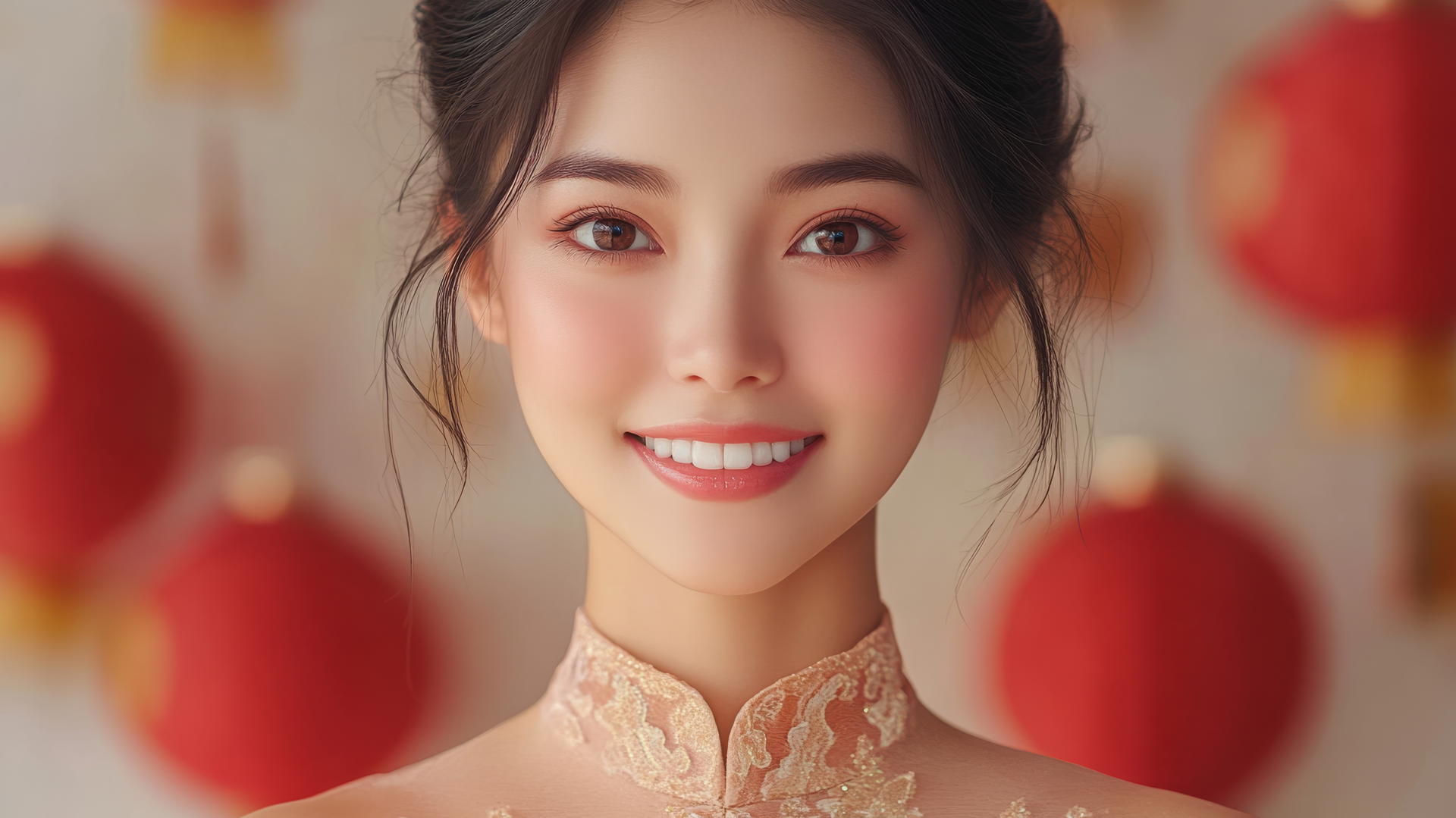Top-down view of Vietnamese woman in Ao Dai on bed smiling
