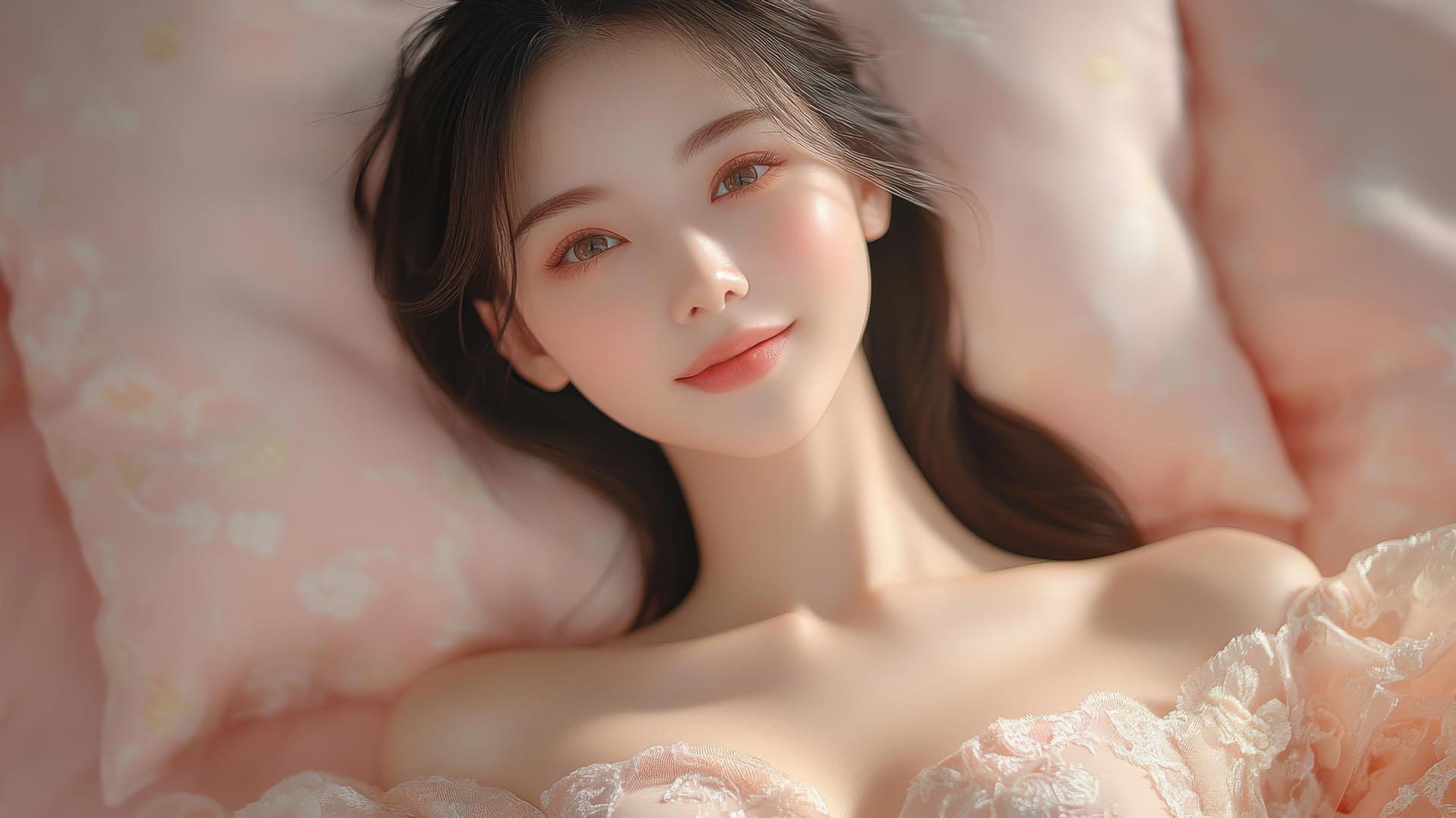 Top-down view of Vietnamese woman in Ao Dai dress, smiling in bed
