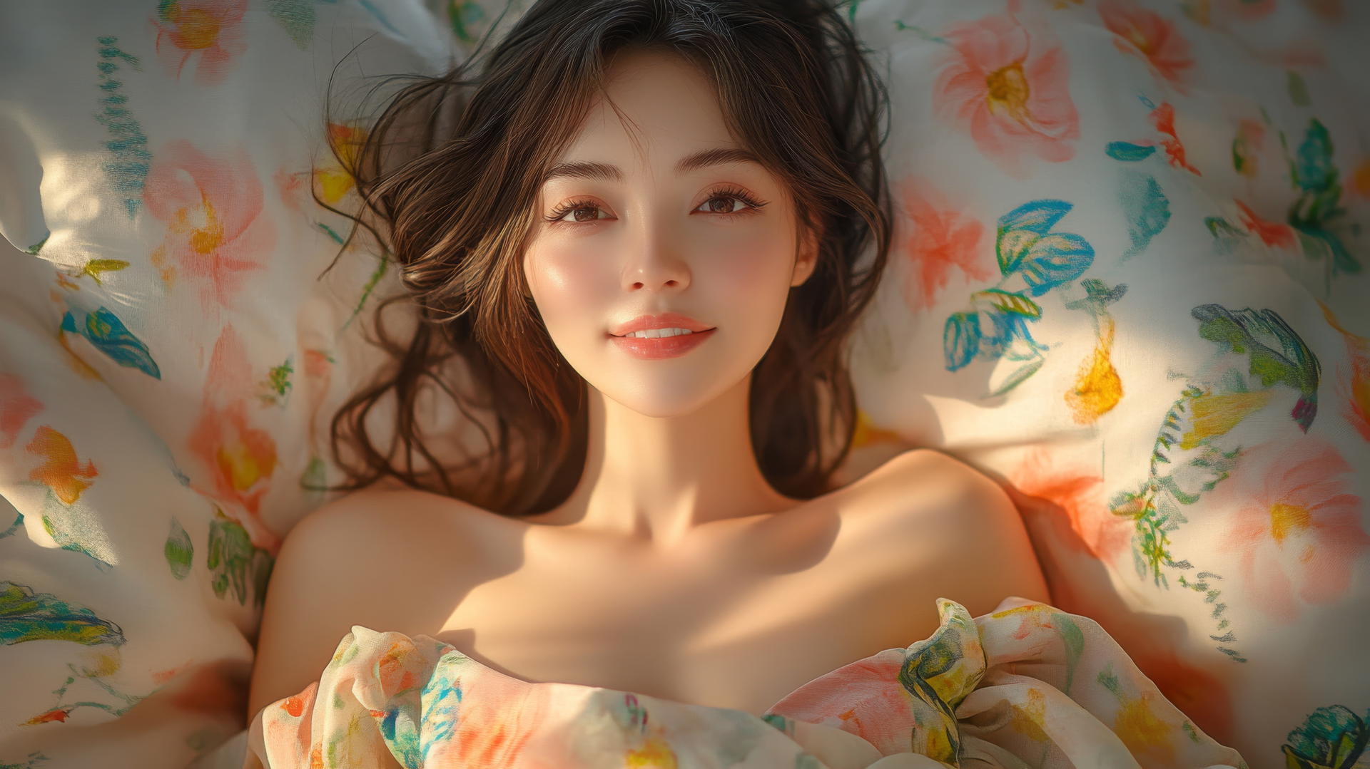Top-down view of Vietnamese woman in Ao Dai, hyper-realistic, smiling, with smooth pink skin