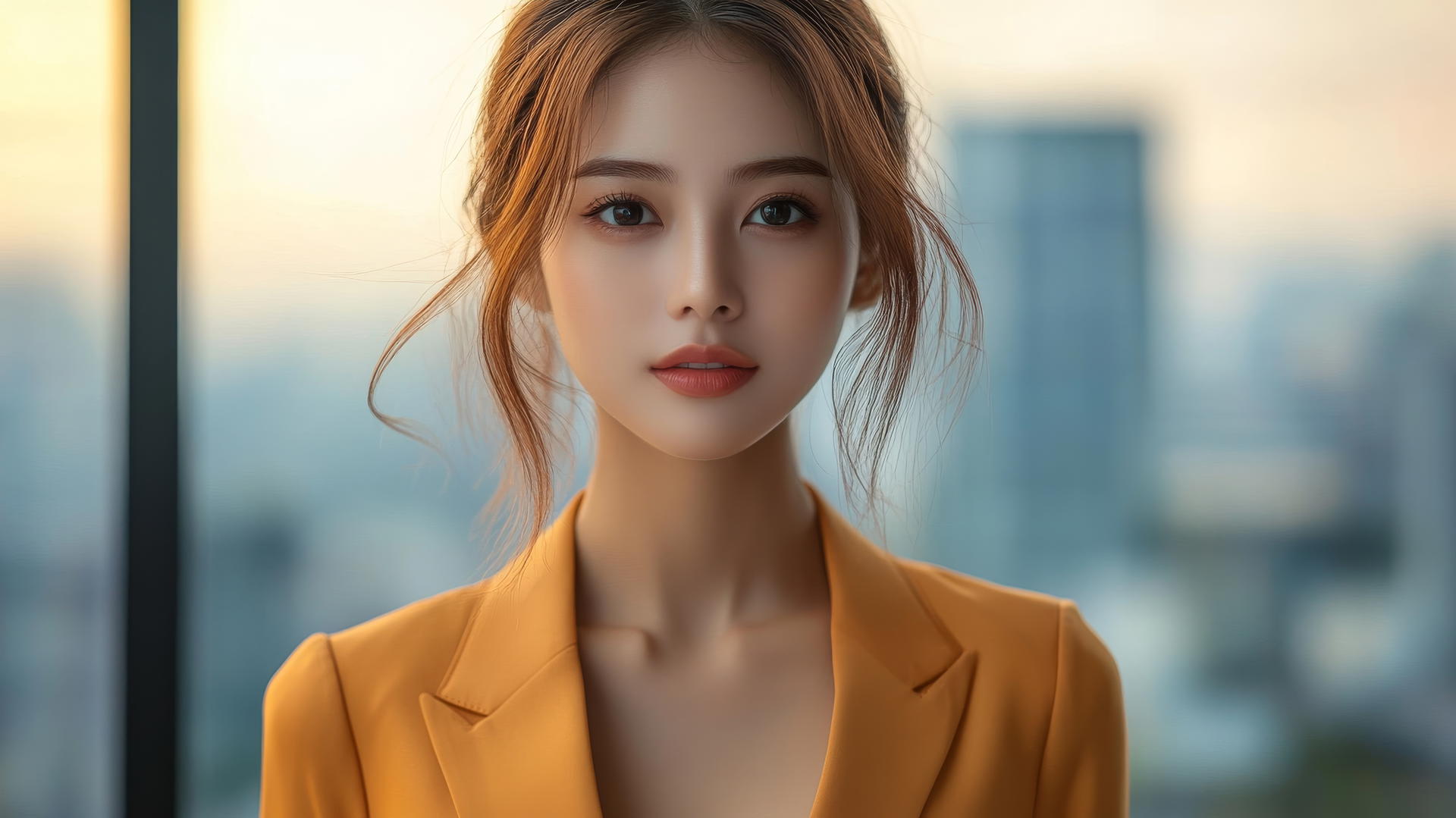 full body shot of a beautiful Thai woman in an orange office suit with a city background.