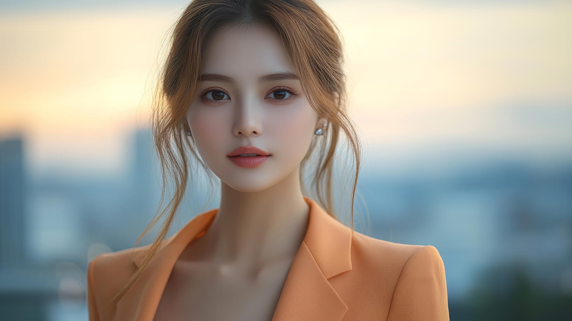 Elegant Thai women in orange office suits with a cityscape backdrop