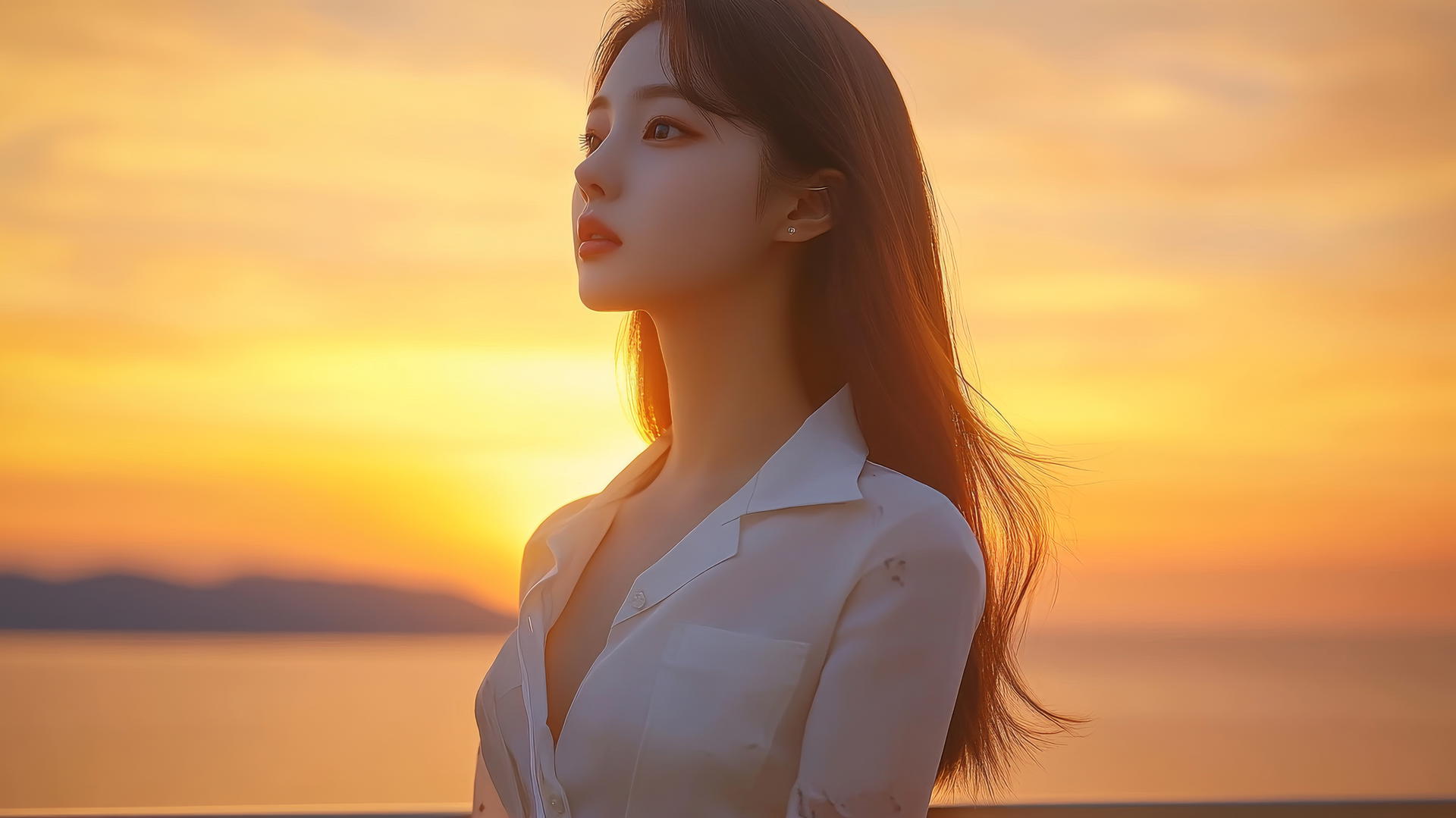Korean pop star girl in broken white shirt on balcony at sunset with ocean horizon