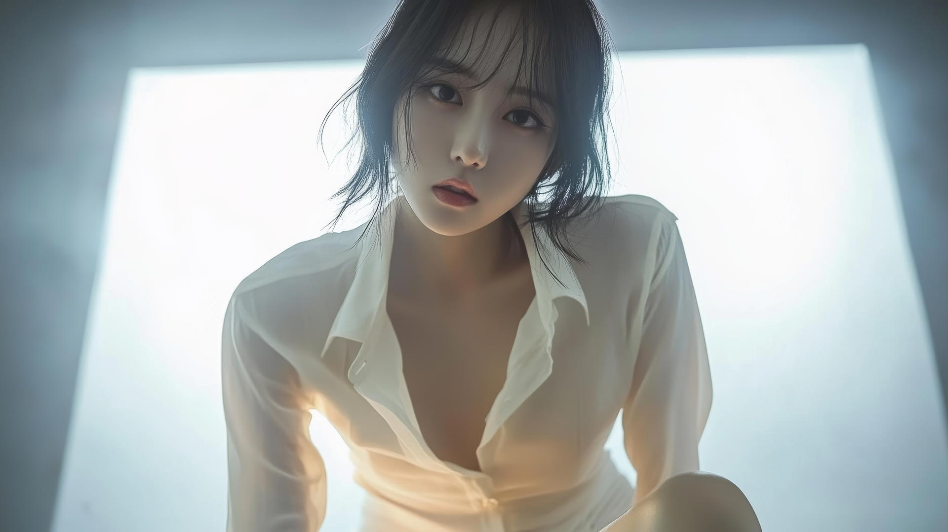 Korean pop star girl in a broken white office shirt, kneeling, seen from below with warm light.