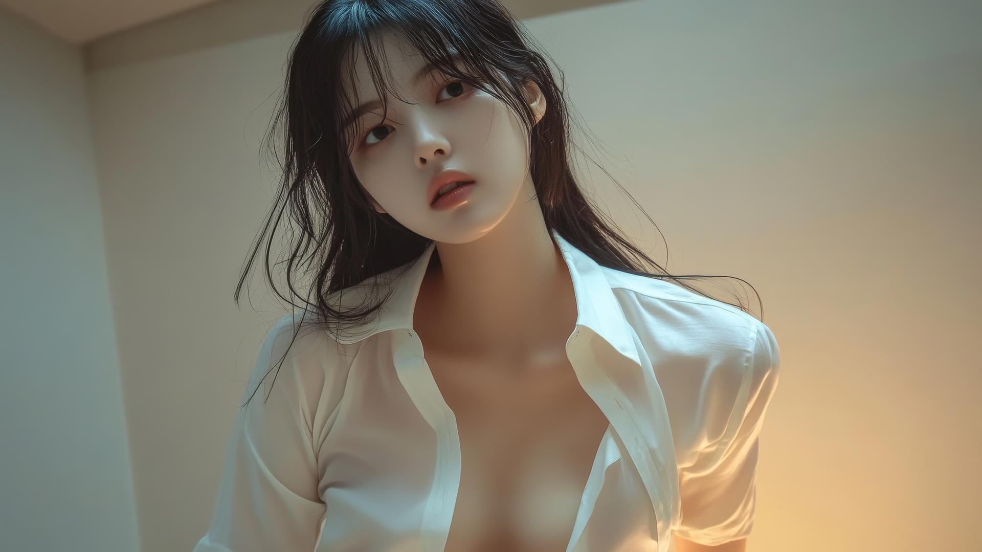 Korean pop star girl in a broken white office shirt leaning down, with a soft glow and apartment ceiling in the background.