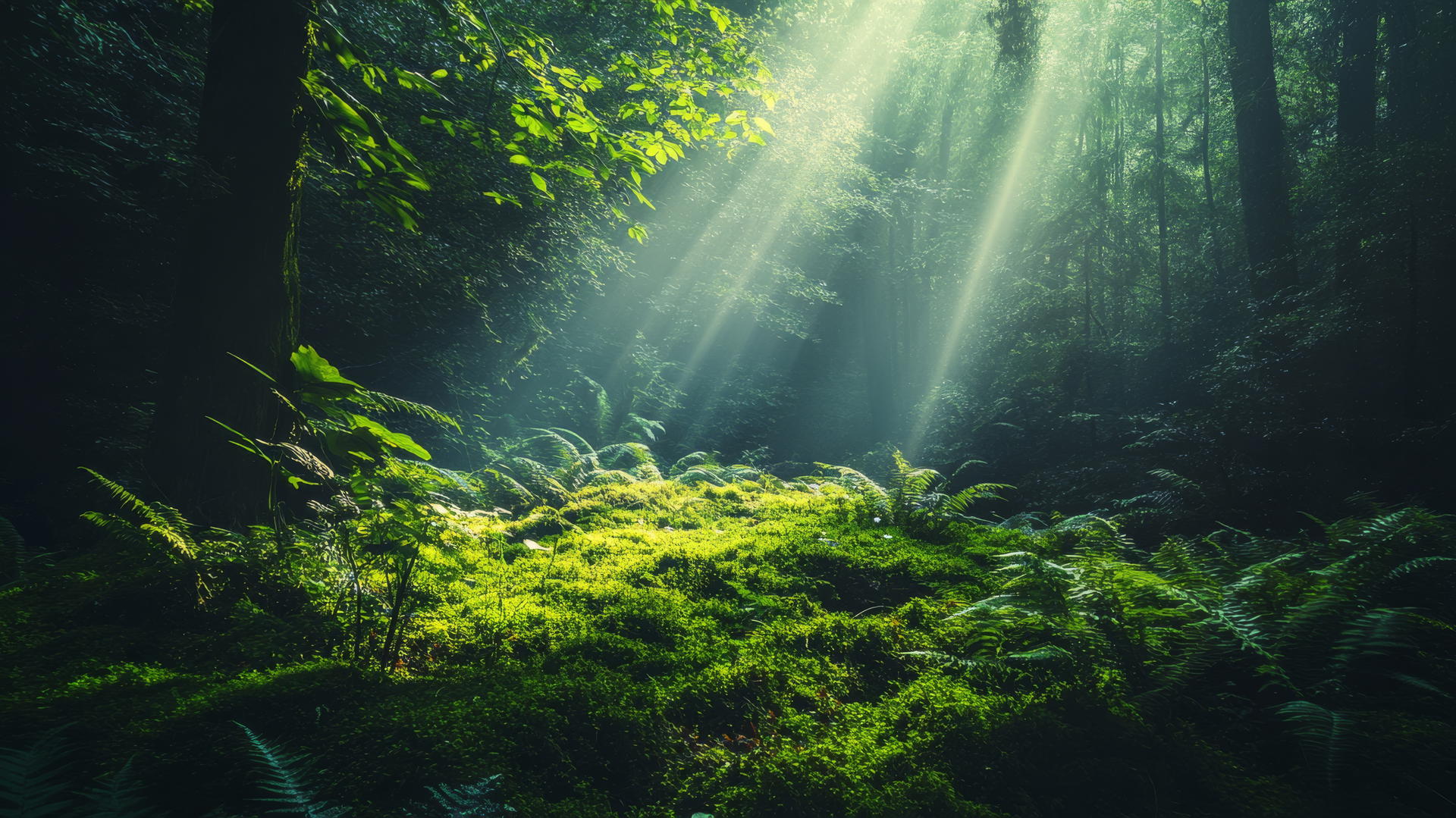 Nature aesthetic wallpaper of a lush green forest floor with moss and ferns.