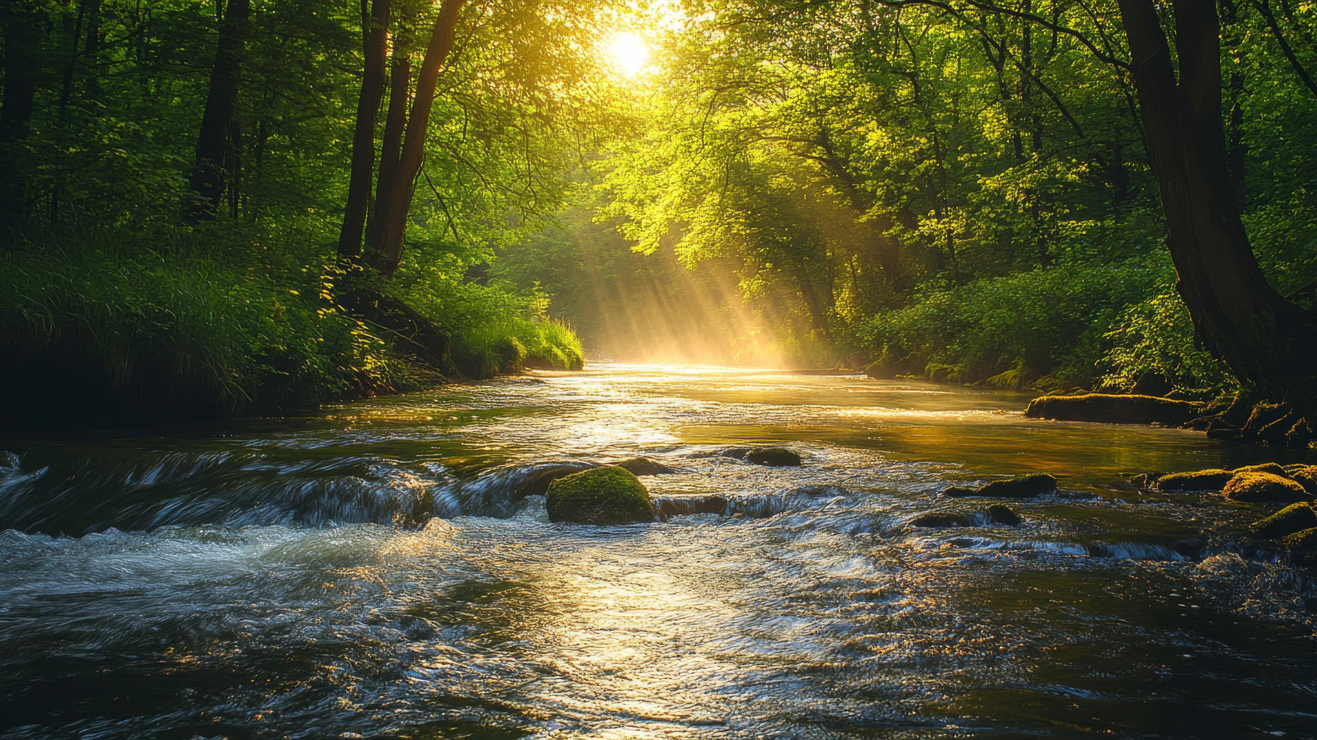 nature aesthetic wallpaper with a peaceful river in a dense forest
