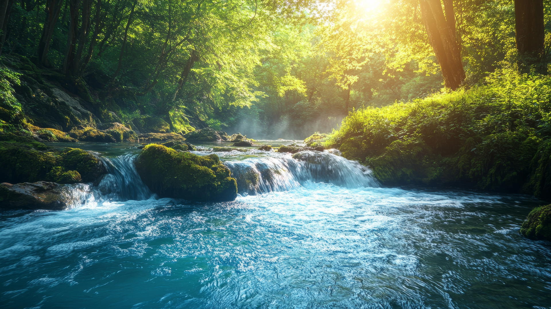 beautiful nature wallpaper 4k with a crystal-clear river and lush green vegetation