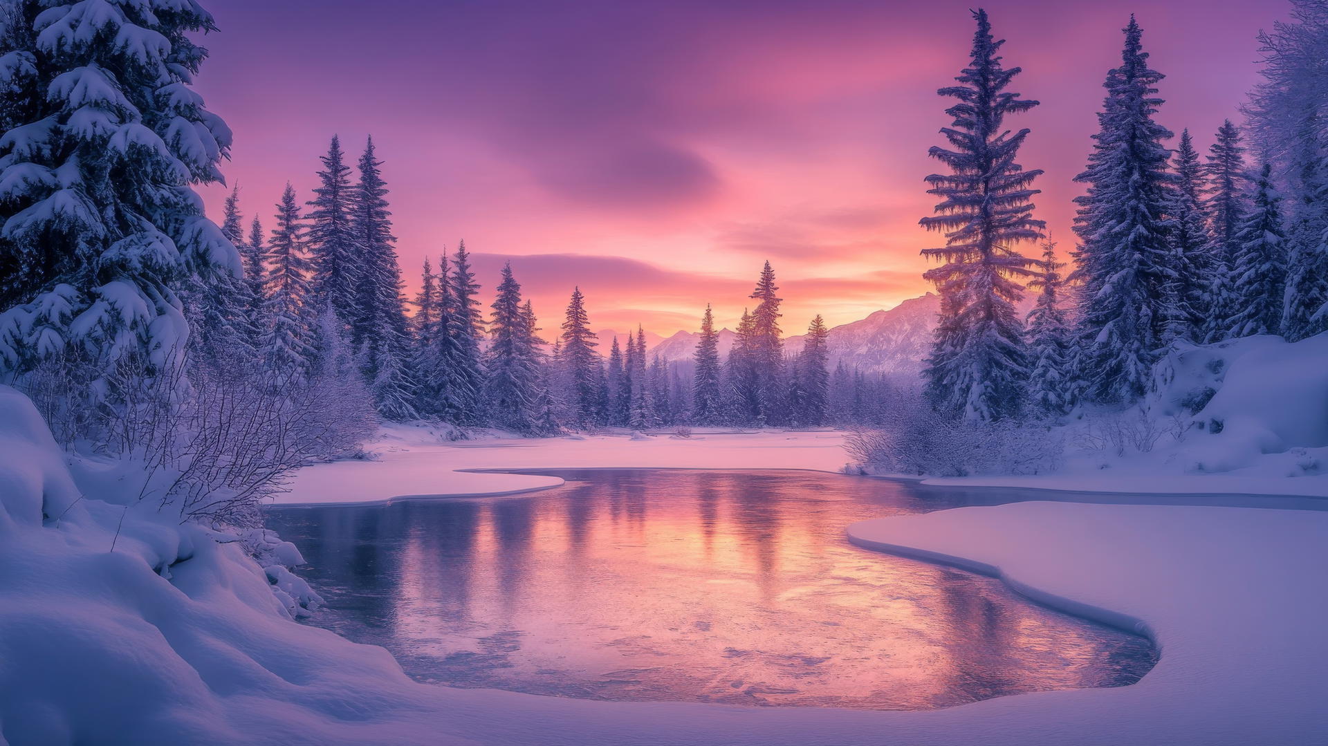 beautiful nature wallpaper 4k with a snowy landscape, frozen lake, and vibrant sunset