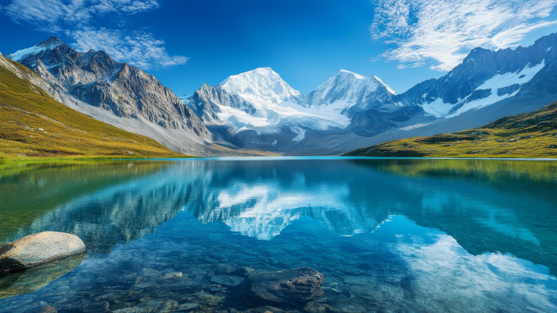 beautiful nature wallpaper 4k with alpine lake reflecting snow-capped mountains