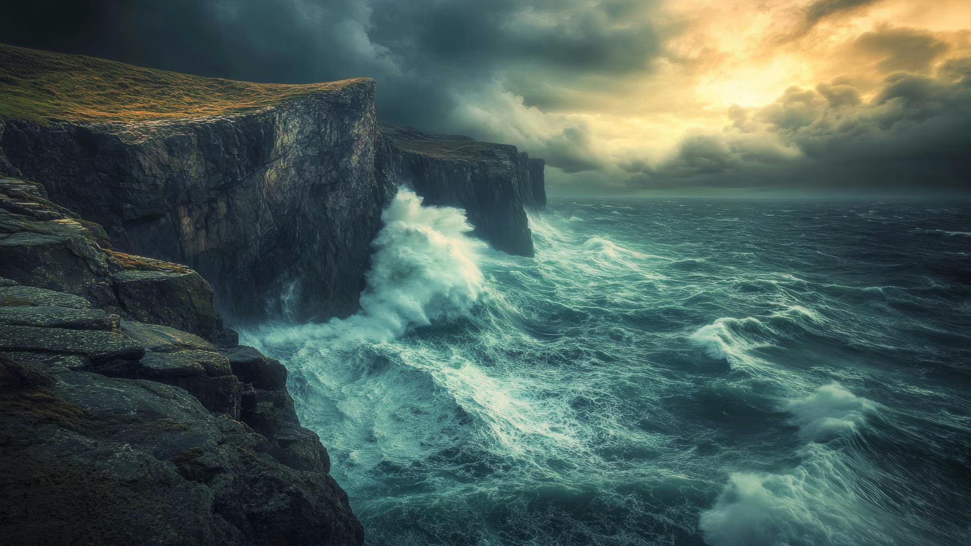 nature wallpaper of dramatic cliffside overlooking the ocean with stormy sky