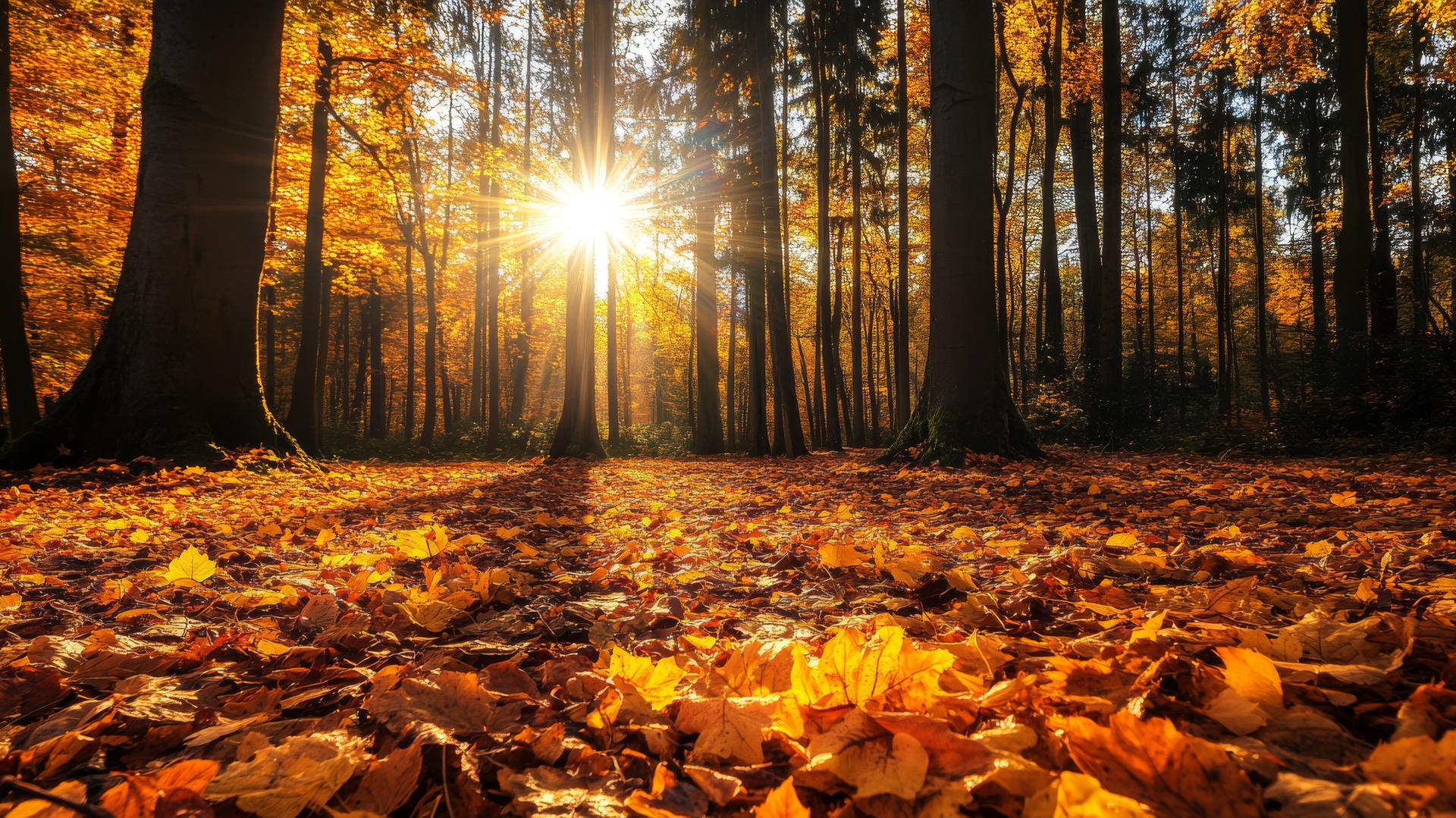 nature wallpaper of a vibrant forest in autumn with golden leaves and sunlight