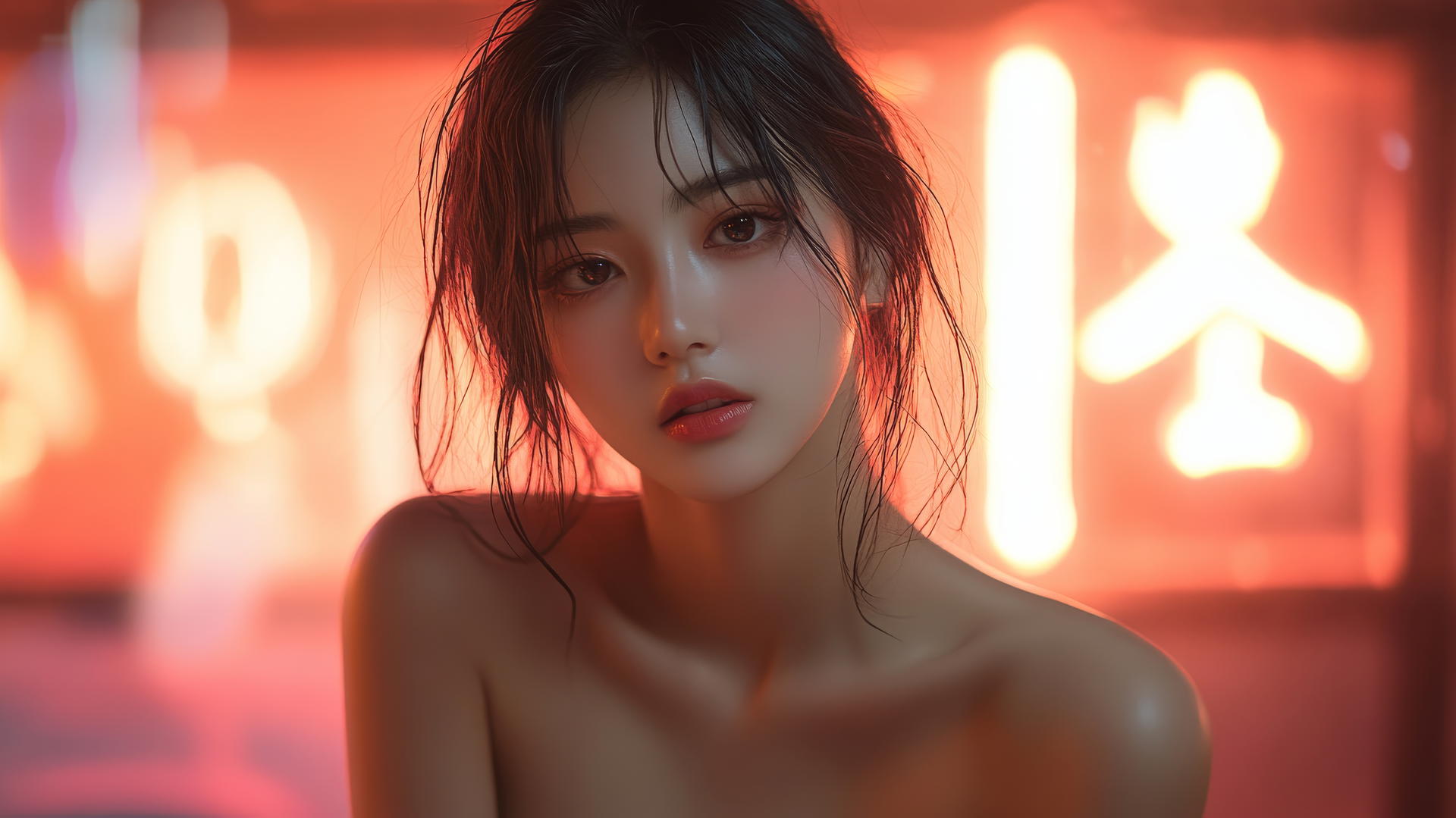 Asian fashion model smiling, kneeling, seen from below, light on legs