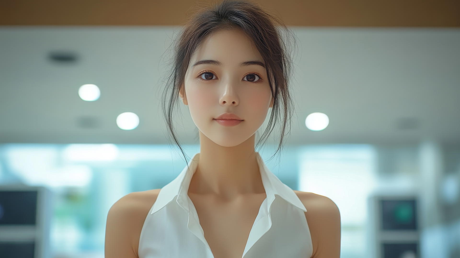 Asian girl kneeling and looking down, wearing white office shirt, smiling
