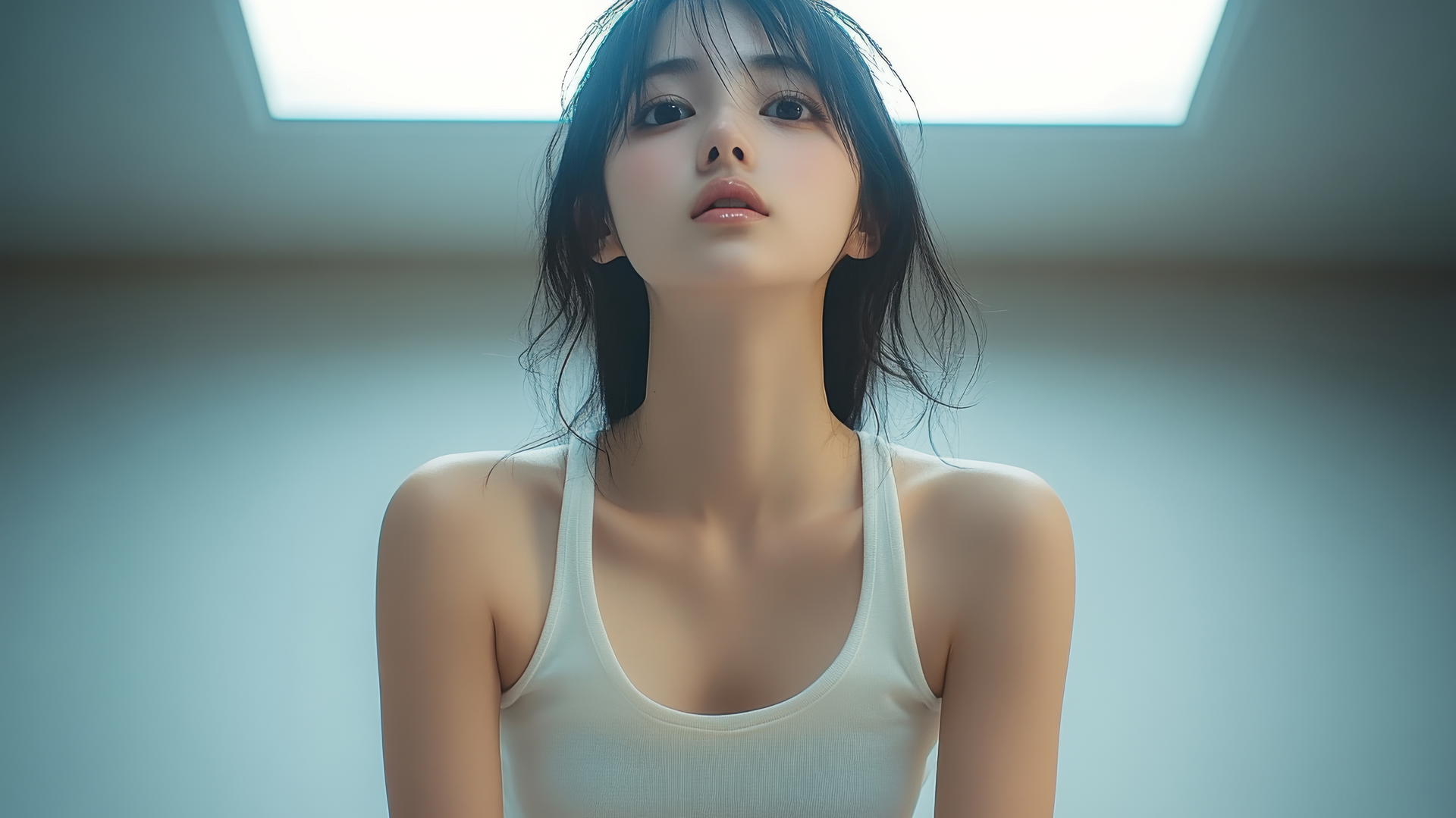 Low angle shot of a quiet Asian girl kneeling, looking down, white t-shirt, pink skin.