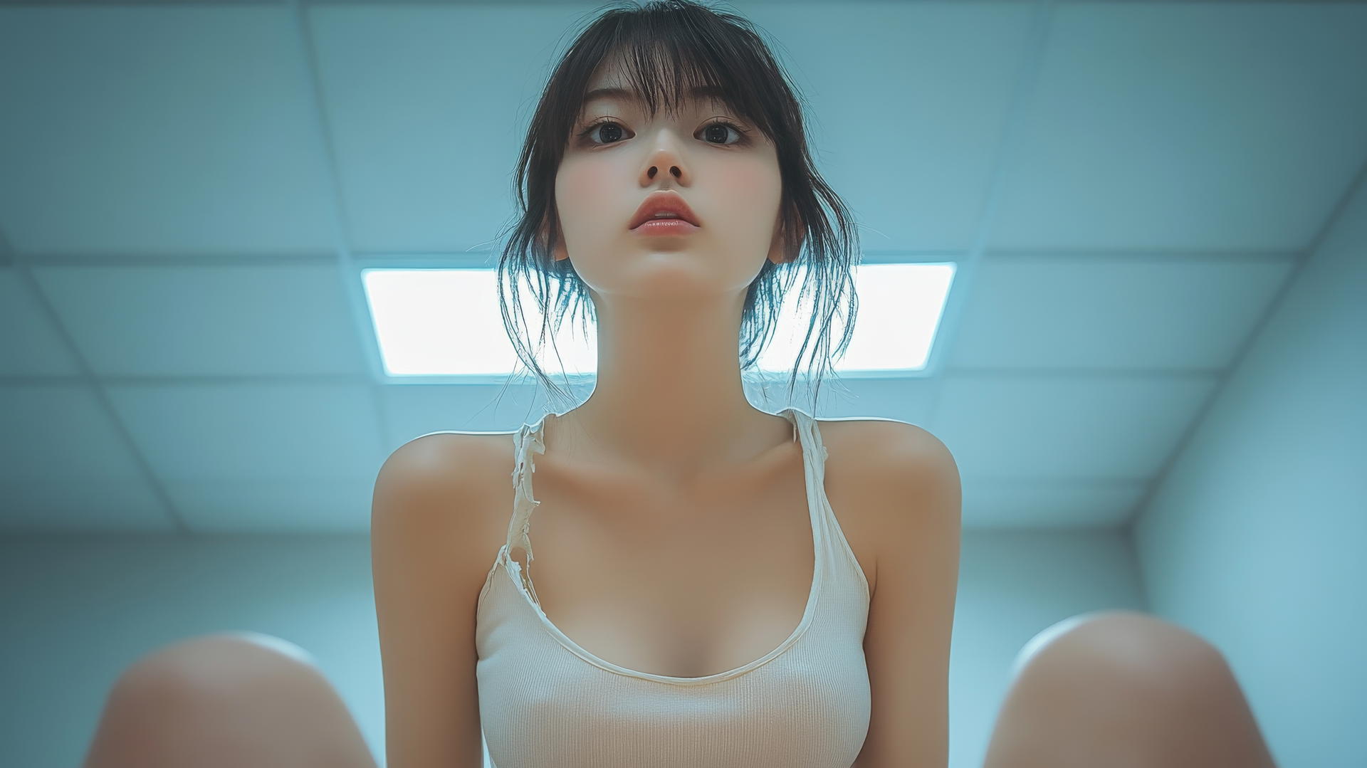 Low angle shot of quiet Asian girl with broken office shirt and smooth pink skin.
