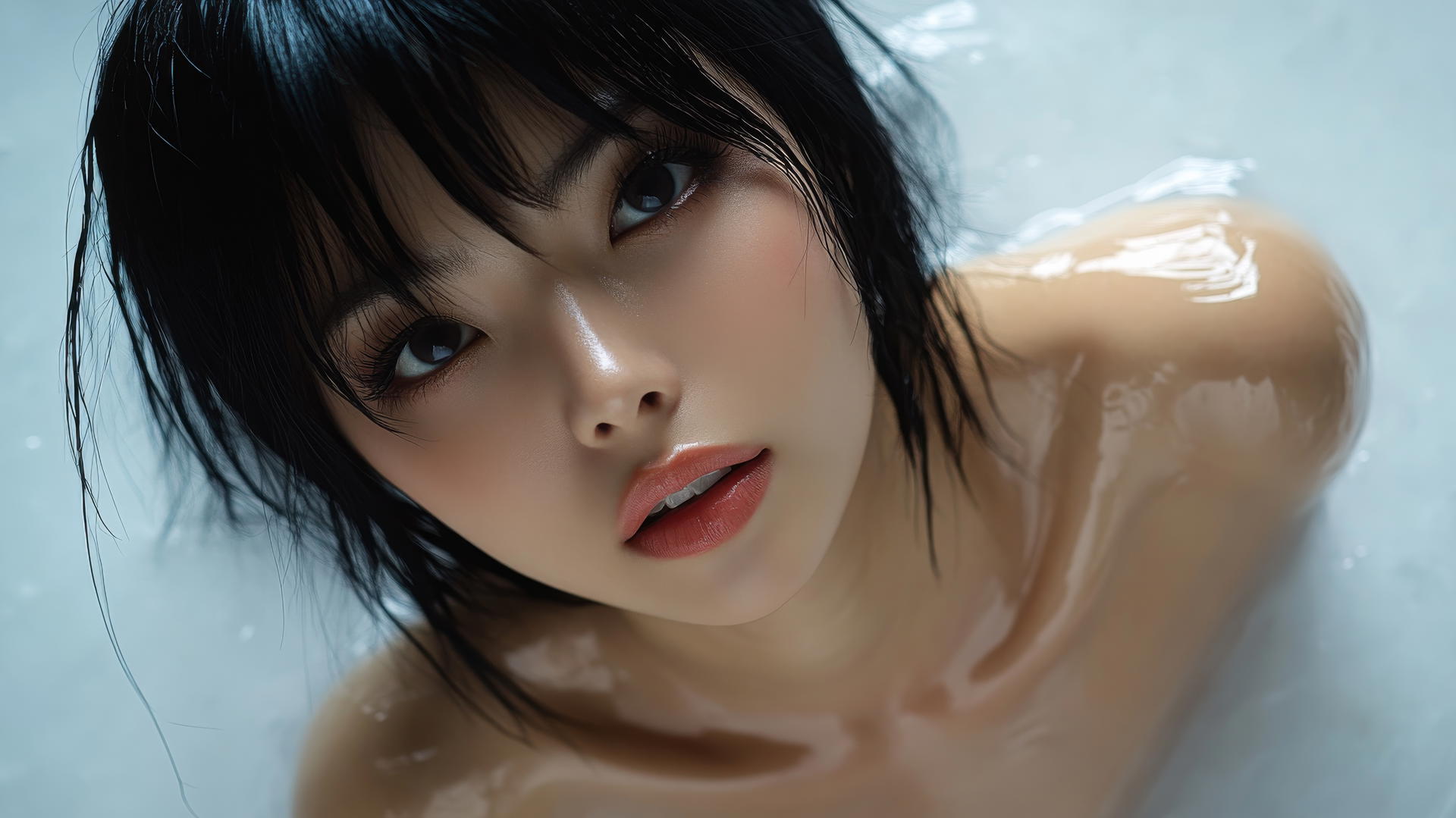 Asian model kneeling, looking down, smiling with smooth pink skin, black socks, light on legs