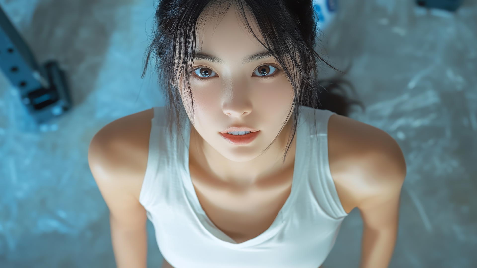Asian girl in white shirt kneeling, looking down and smiling, pink skin, light on legs, black socks