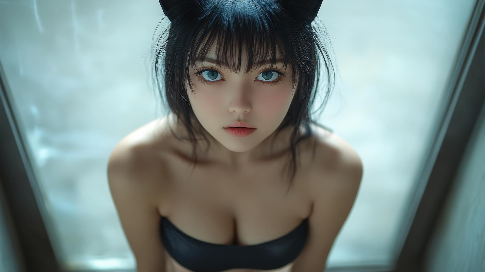 Asian girl with cat ears kneeling, seen from below, smiling, smooth pink skin, light on legs