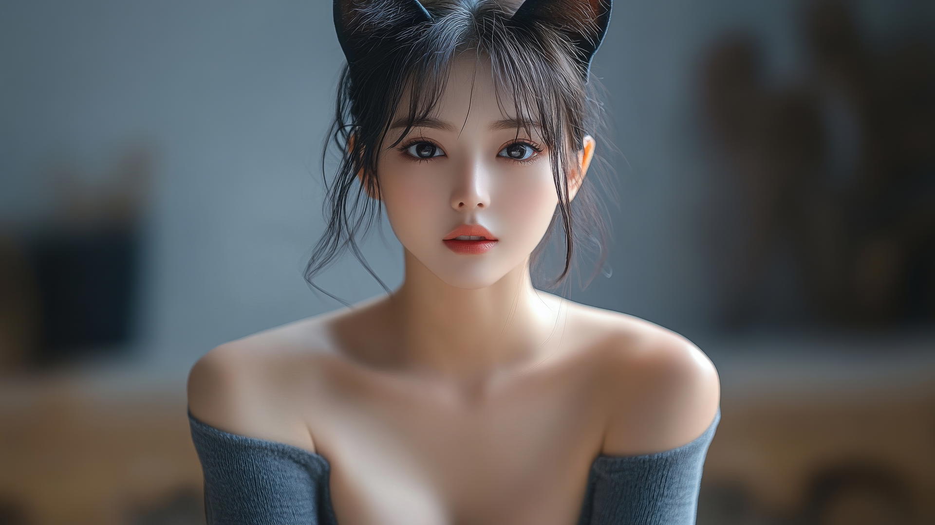 Asian girl with cat ears kneeling and smiling, seen from below