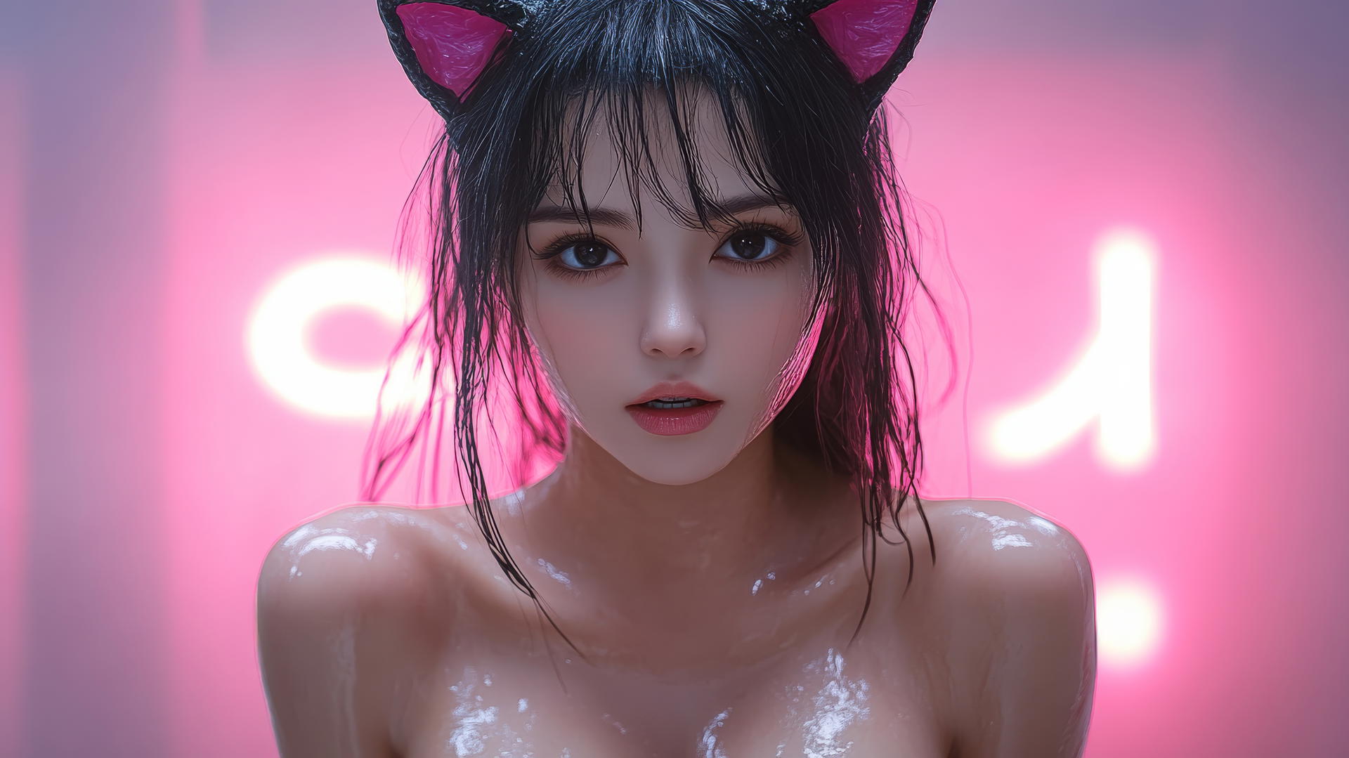 Asian girl with cat ears kneeling and smiling, seen from below, dark theme
