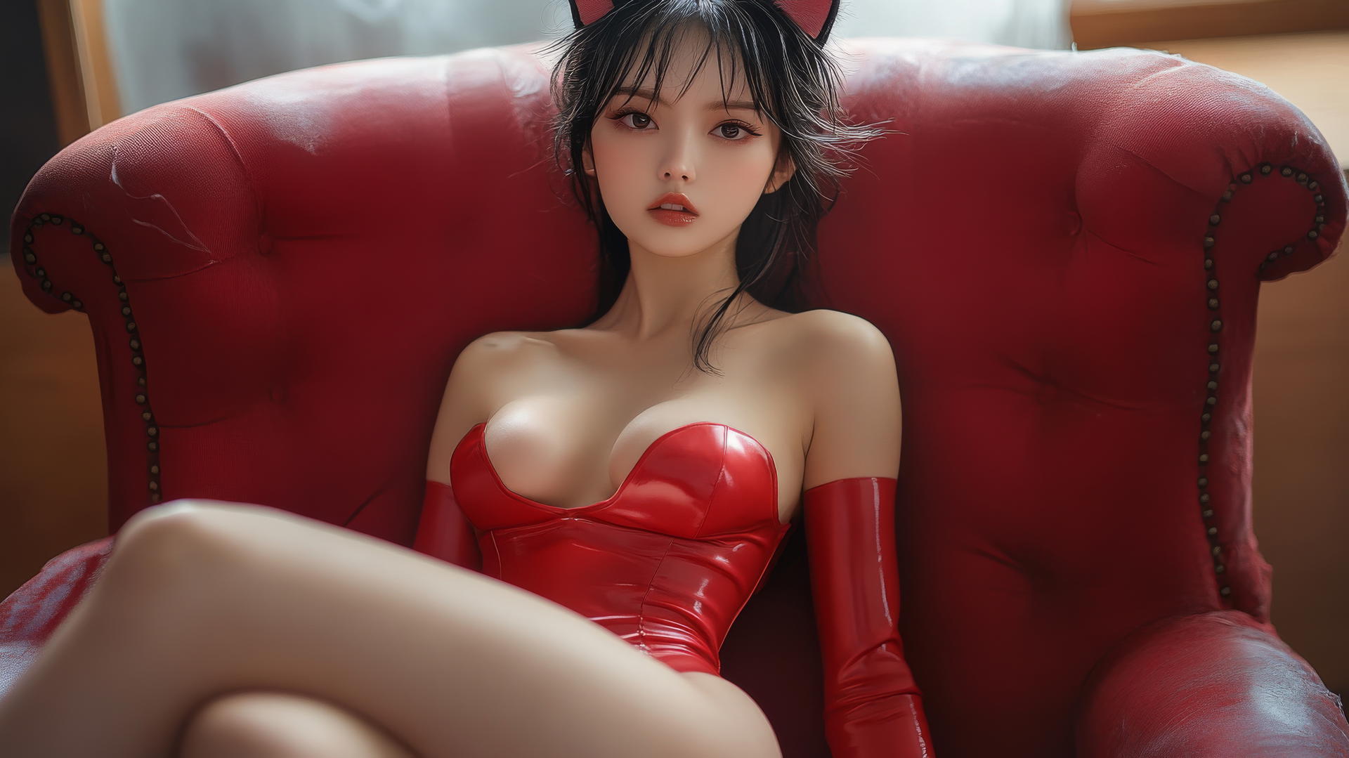 Asian girl with cat ears in high heels, side view, crossed legs.