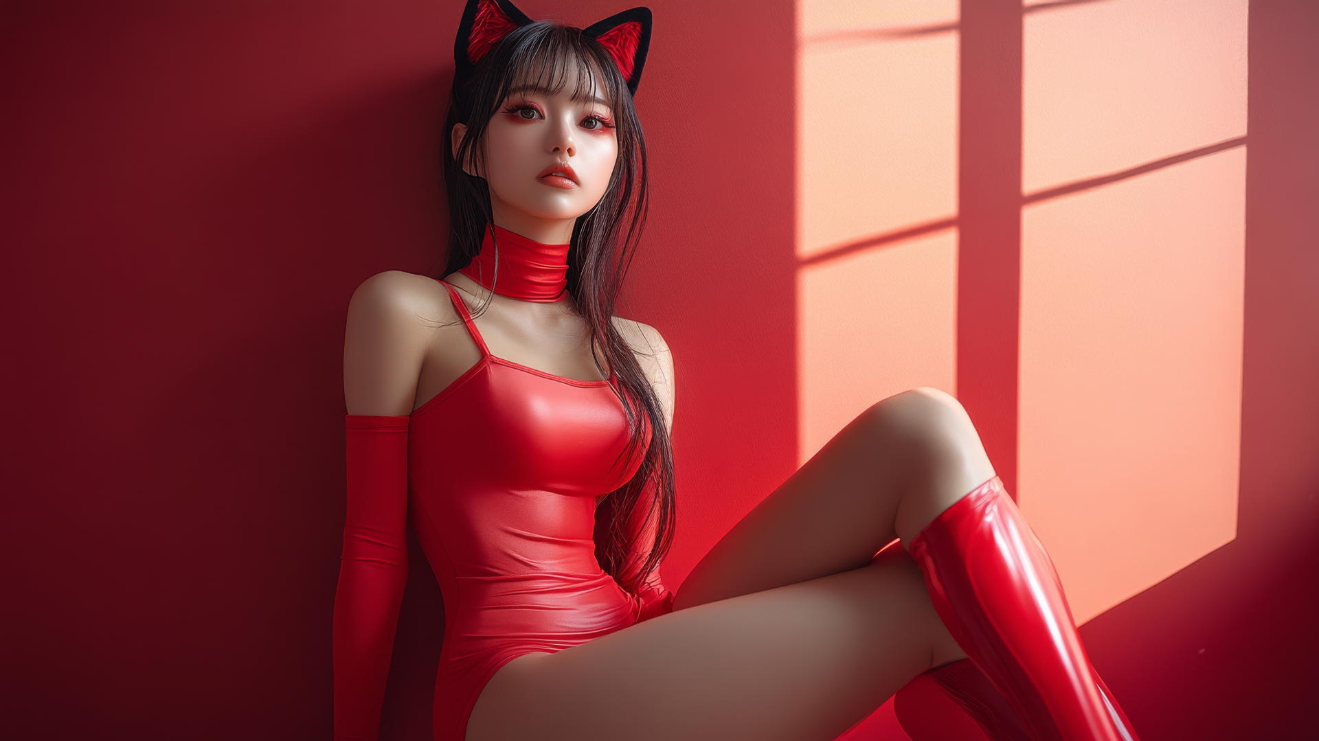 Side view of an Asian girl with cat ears, crossed legs, high heels