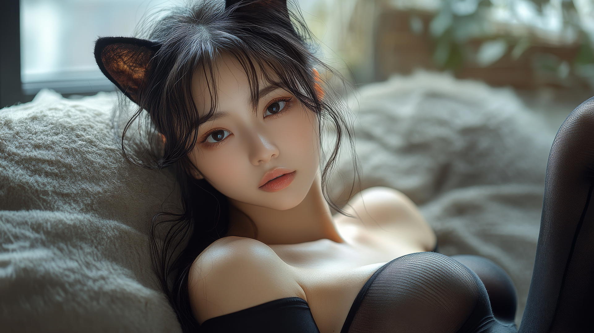 Asian girl with cat ears, crossed legs, side view, high heels, long sleeves, full-body.