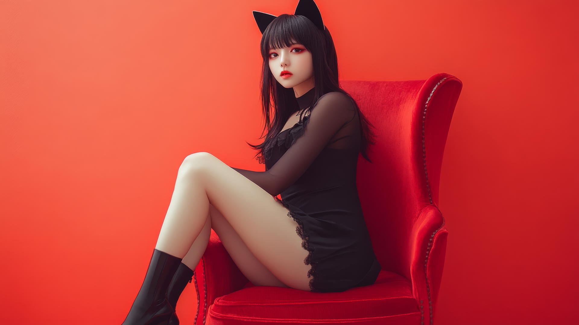 Asian girl with cat ears in high heels and long sleeves, sitting with crossed legs, side view.