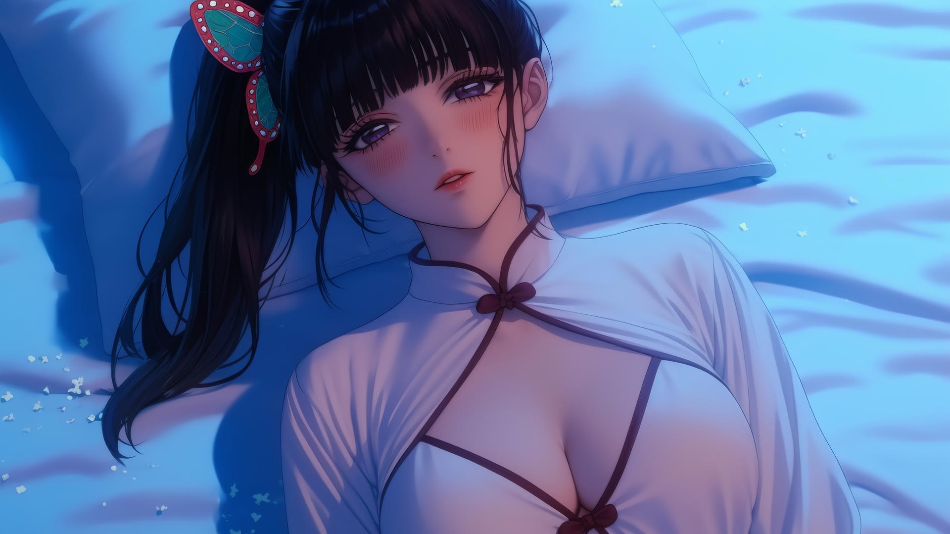 Kanao Tsuyuri in pajamas, kneeling, looking up, warm light glow