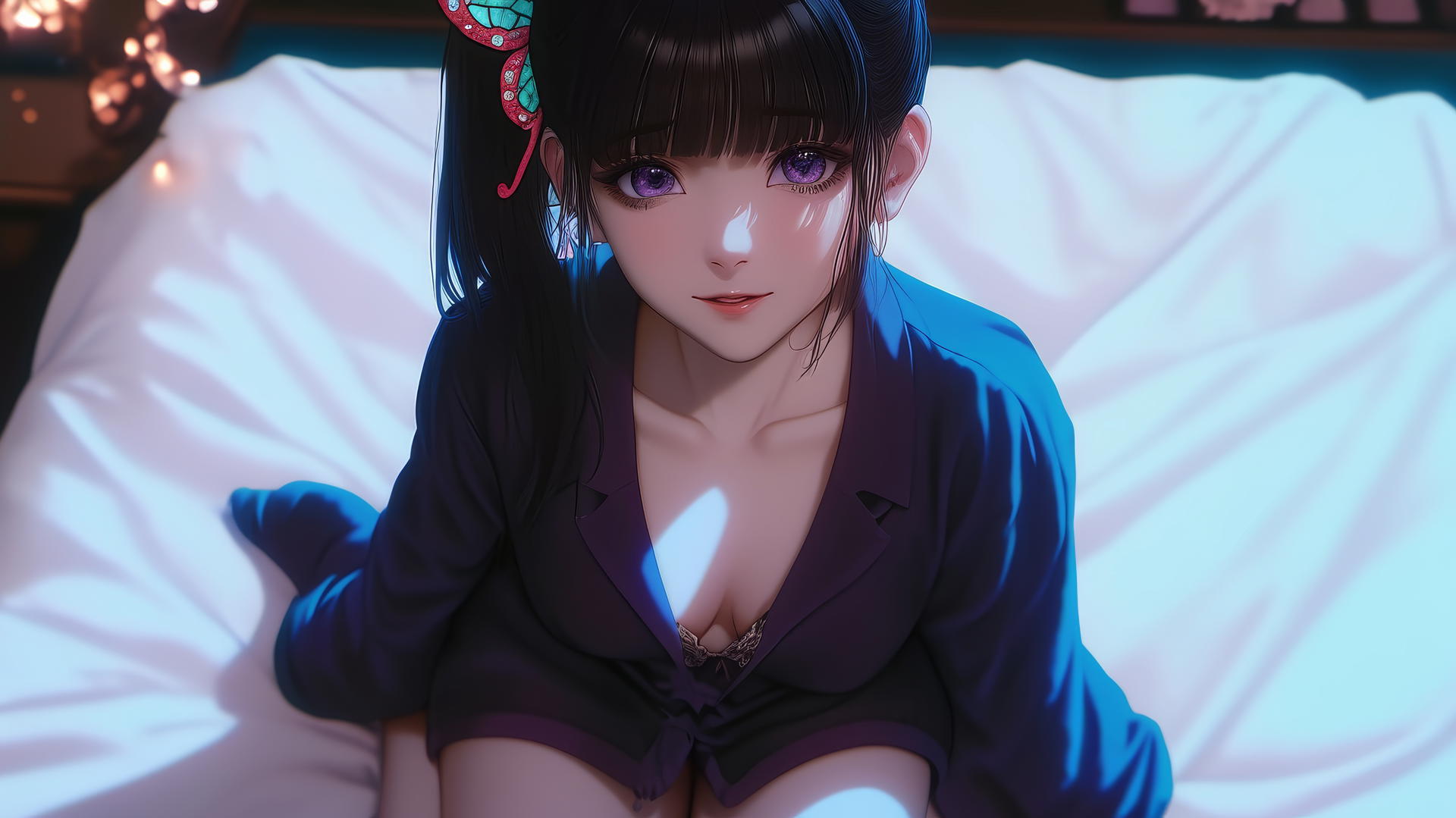 Kanao Tsuyuri from Demon Slayer kneeling in pajamas with butterfly ornament.