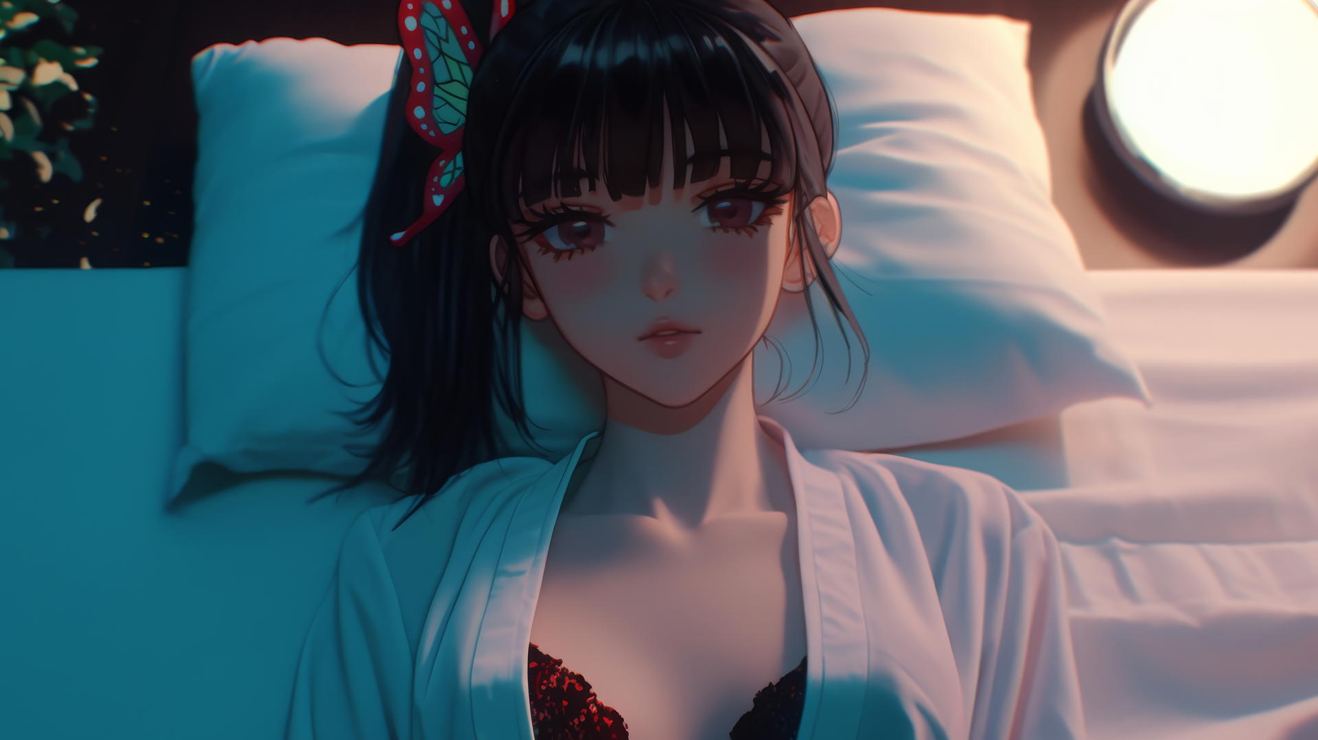 Kanao Tsuyuri from Demon Slayer, in pajamas, kneeling, seen from above with warm light.