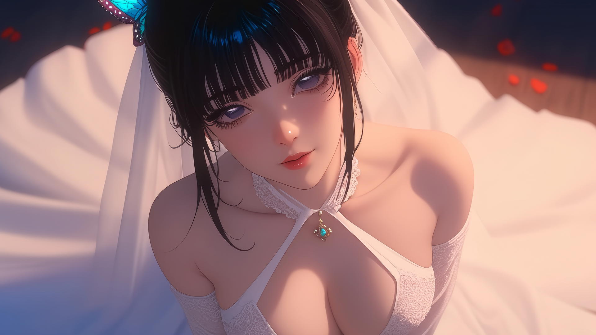 Kanao Tsuyuri in wedding dress, kneeling, looking up, warm glow