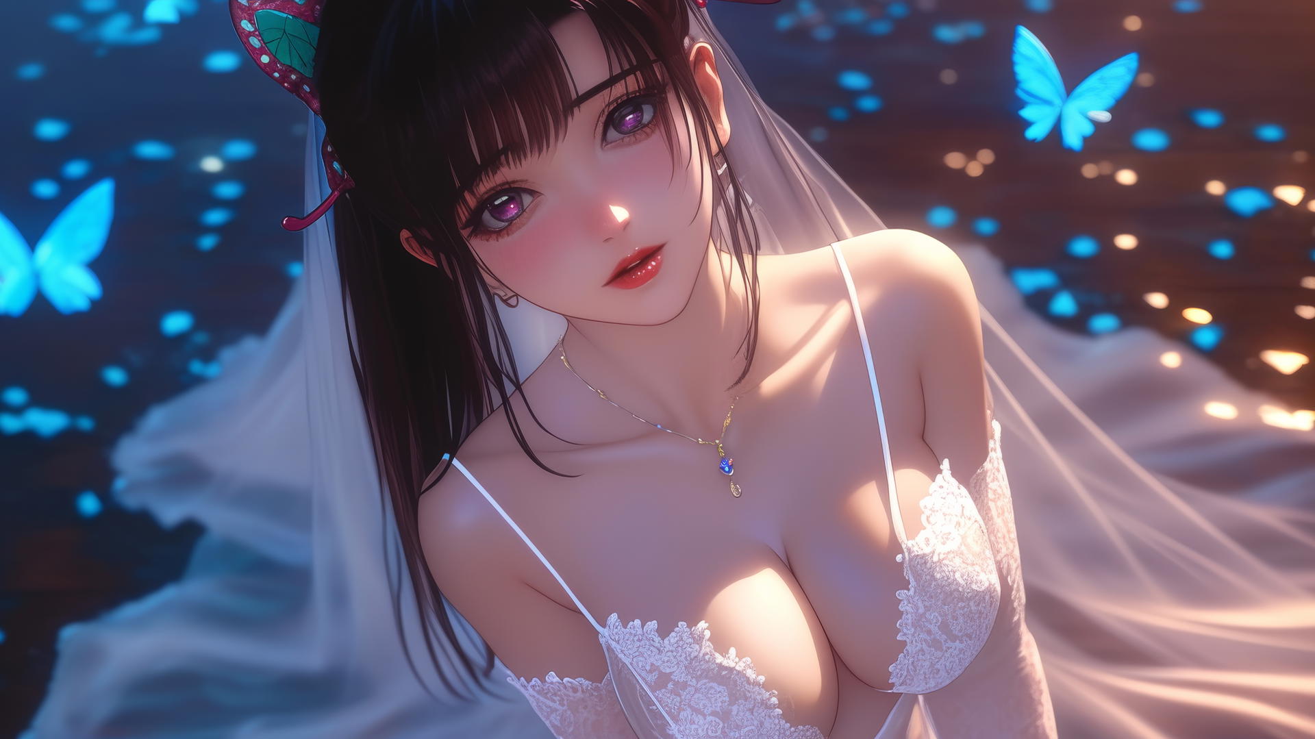 Kanao Tsuyuri in a wedding dress kneeling, looking up, seen from above