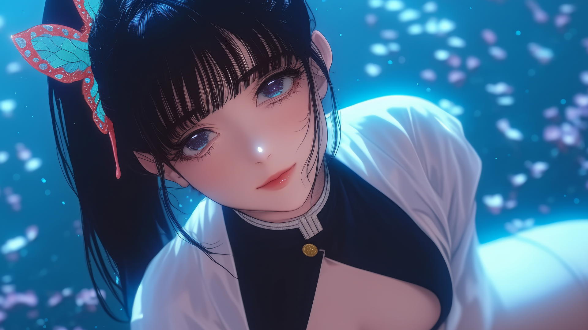 Kanao Tsuyuri from Demon Slayer kneeling, looking up with soft warm light highlighting her