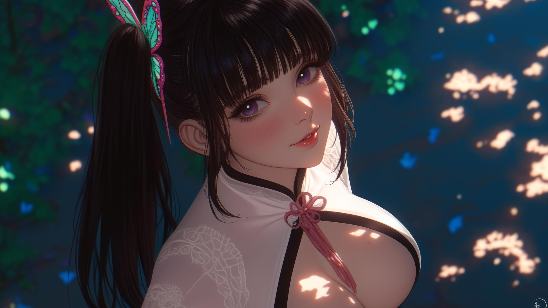 Kanao Tsuyuri from Demon Slayer kneeling, looking up with large gentle dark lilac eyes