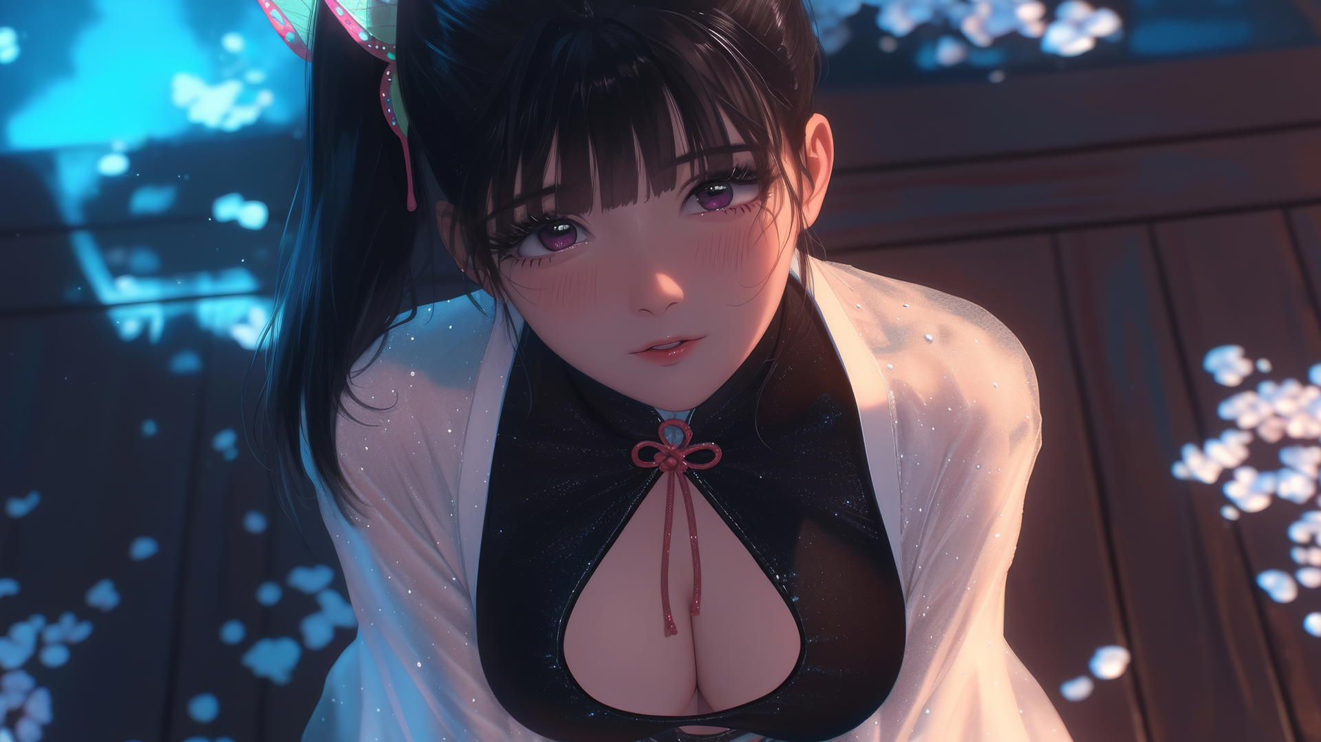 Kanao Tsuyuri from Demon Slayer, kneeling and looking up, gentle dark lilac eyes, ponytail with butterfly ornament