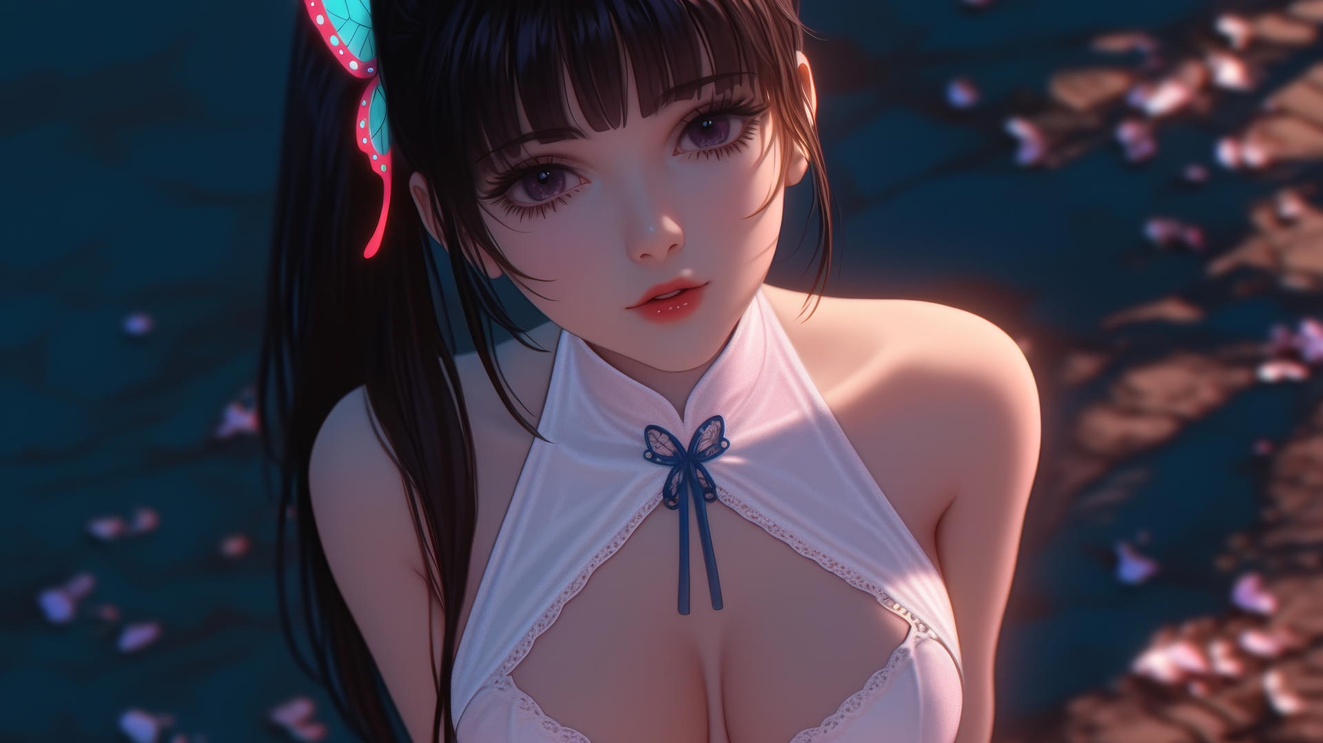 Kanao Tsuyuri from Demon Slayer kneeling, seen from above, warm light casting a soft glow.