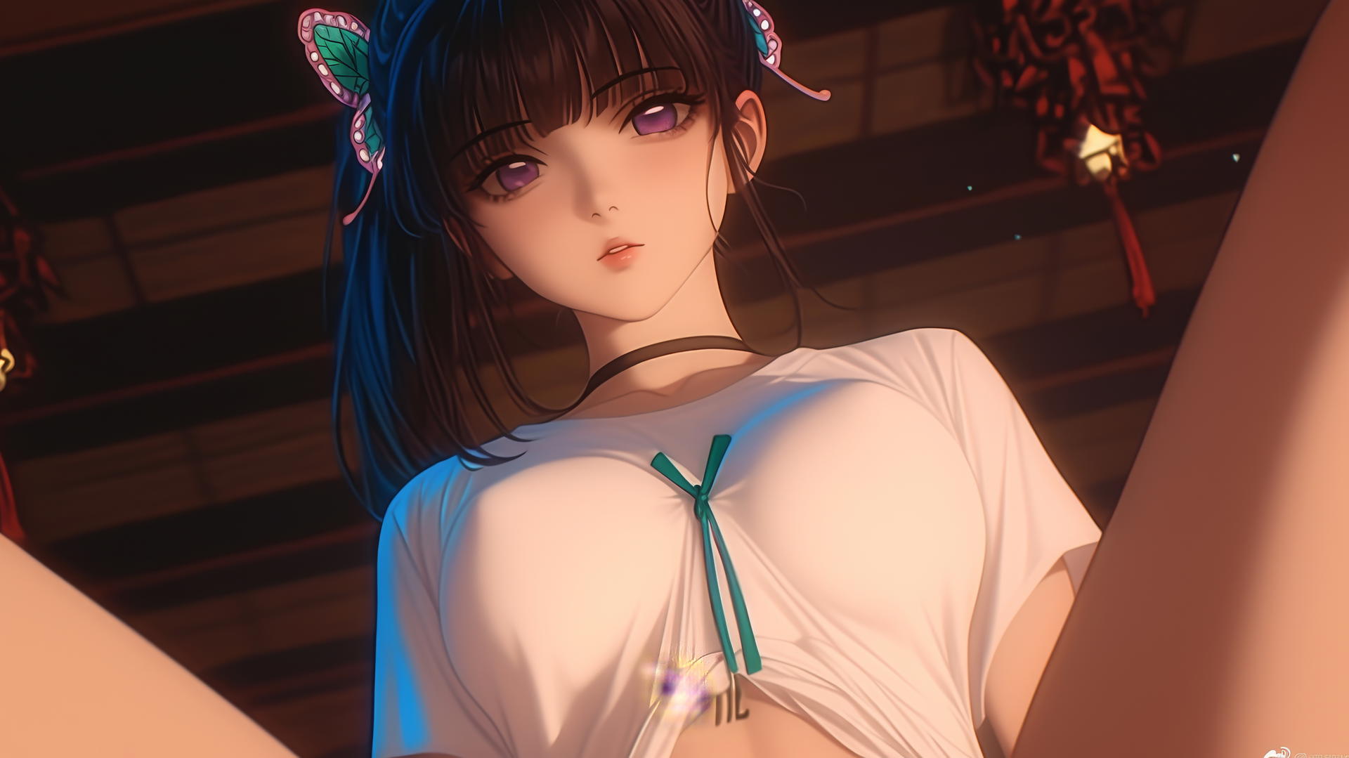 Kanao Tsuyuri kneeling and looking down, waist focus with a ceiling background.