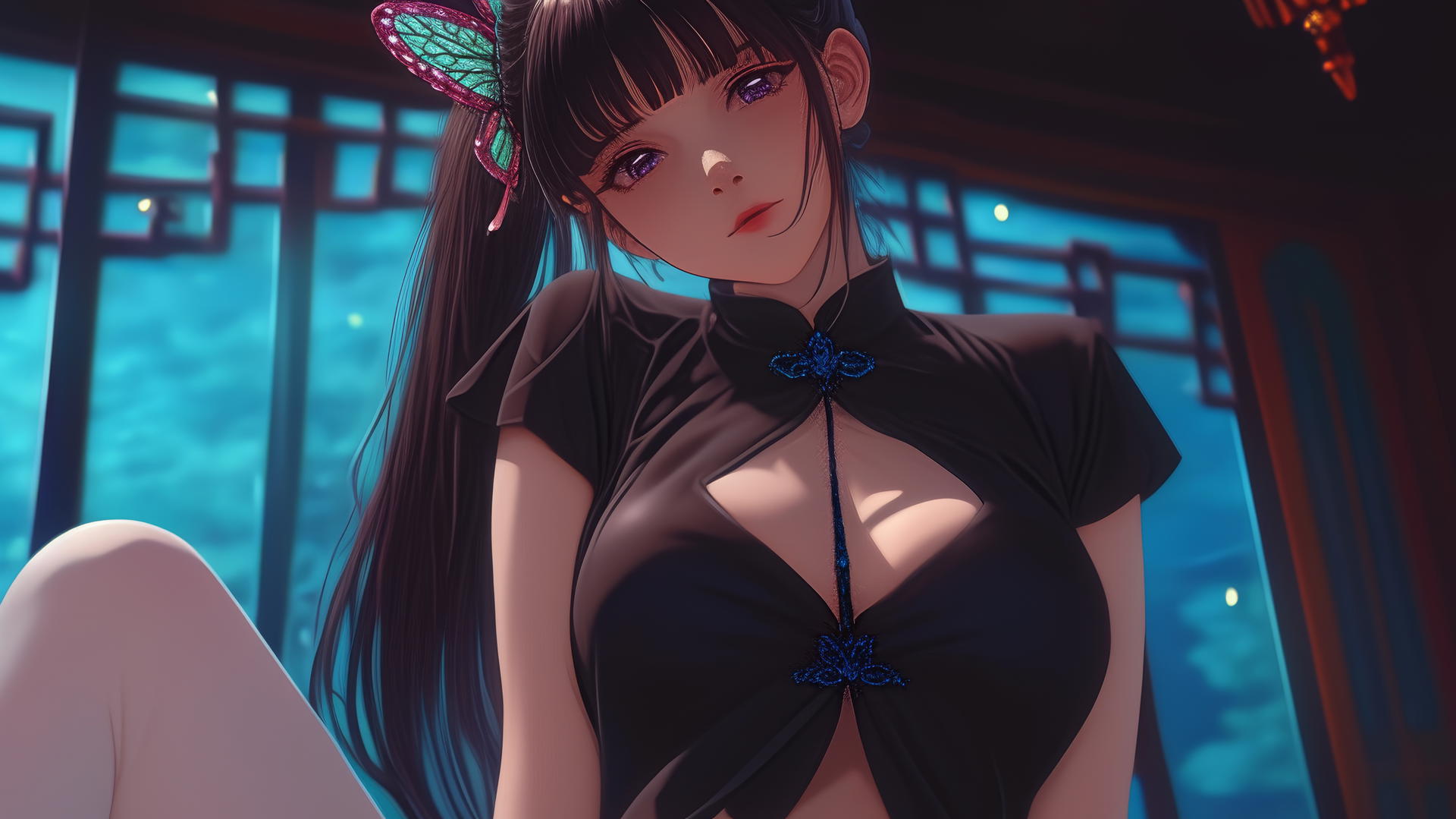 Kanao Tsuyuri kneeling, looking down, warm light, ceiling background, dark lilac eyes