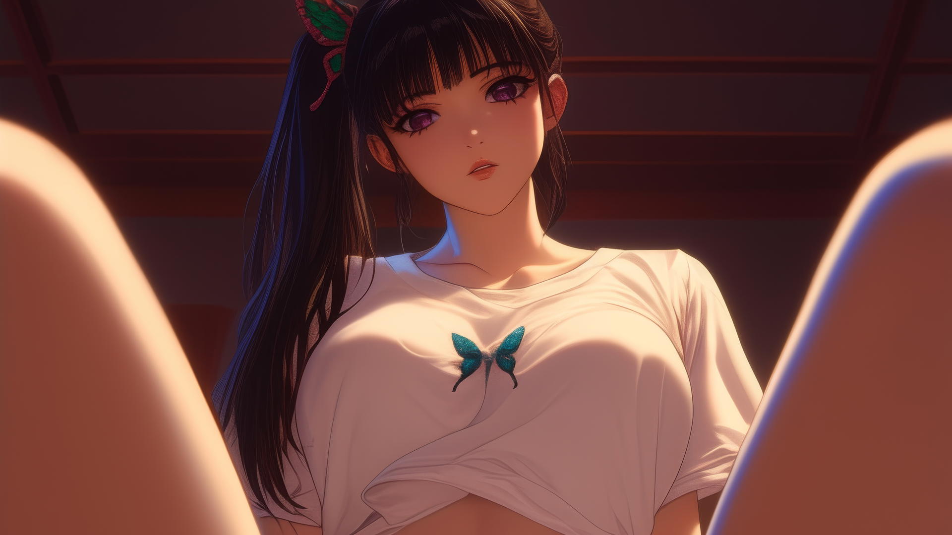 Kanao Tsuyuri from Demon Slayer kneeling, seen from below, with soft warm light highlighting her figure