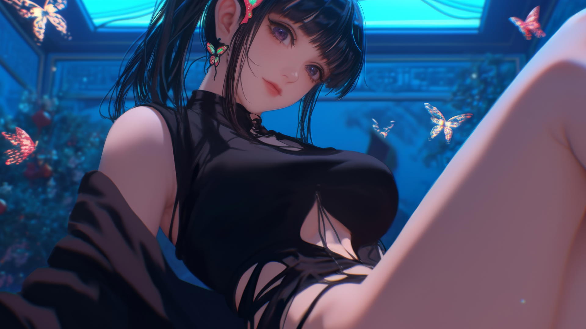 Kanao Tsuyuri from Demon Slayer kneeling, seen from below, warm light glow