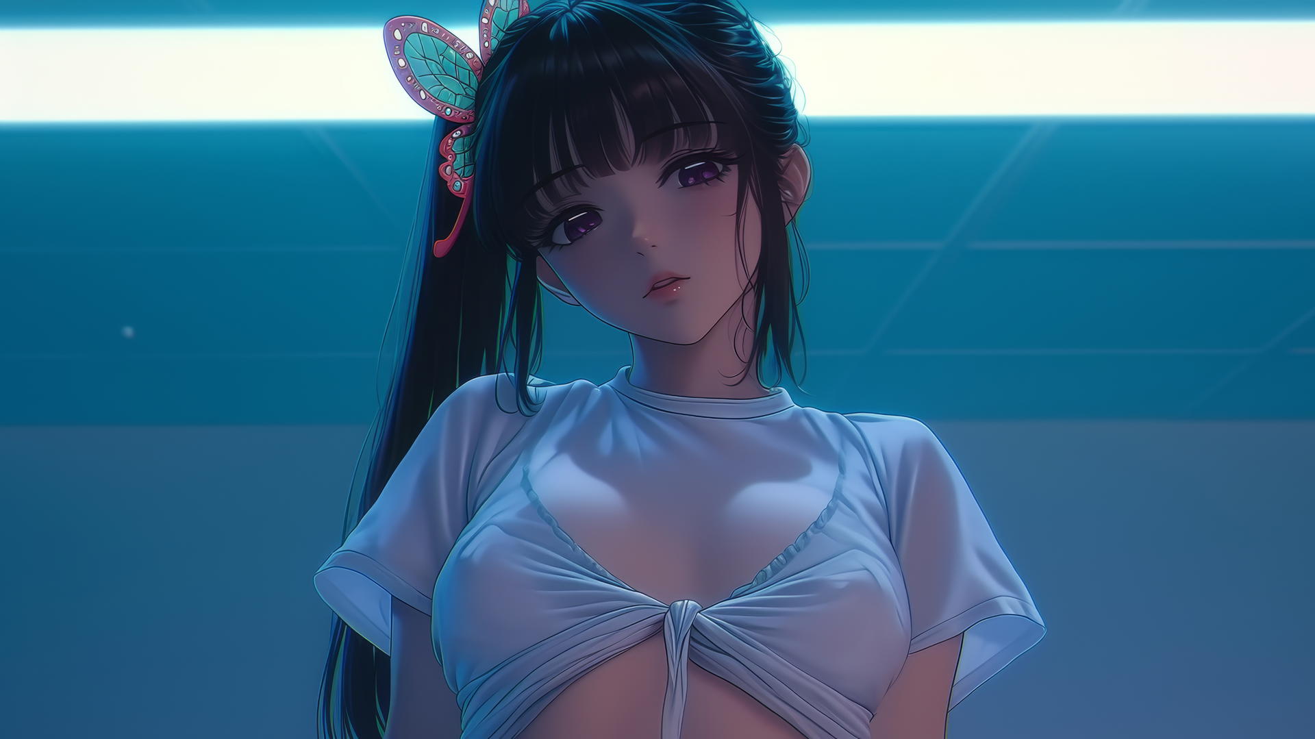 Kanao Tsuyuri kneeling, looking down, seen from below with a ceiling background.