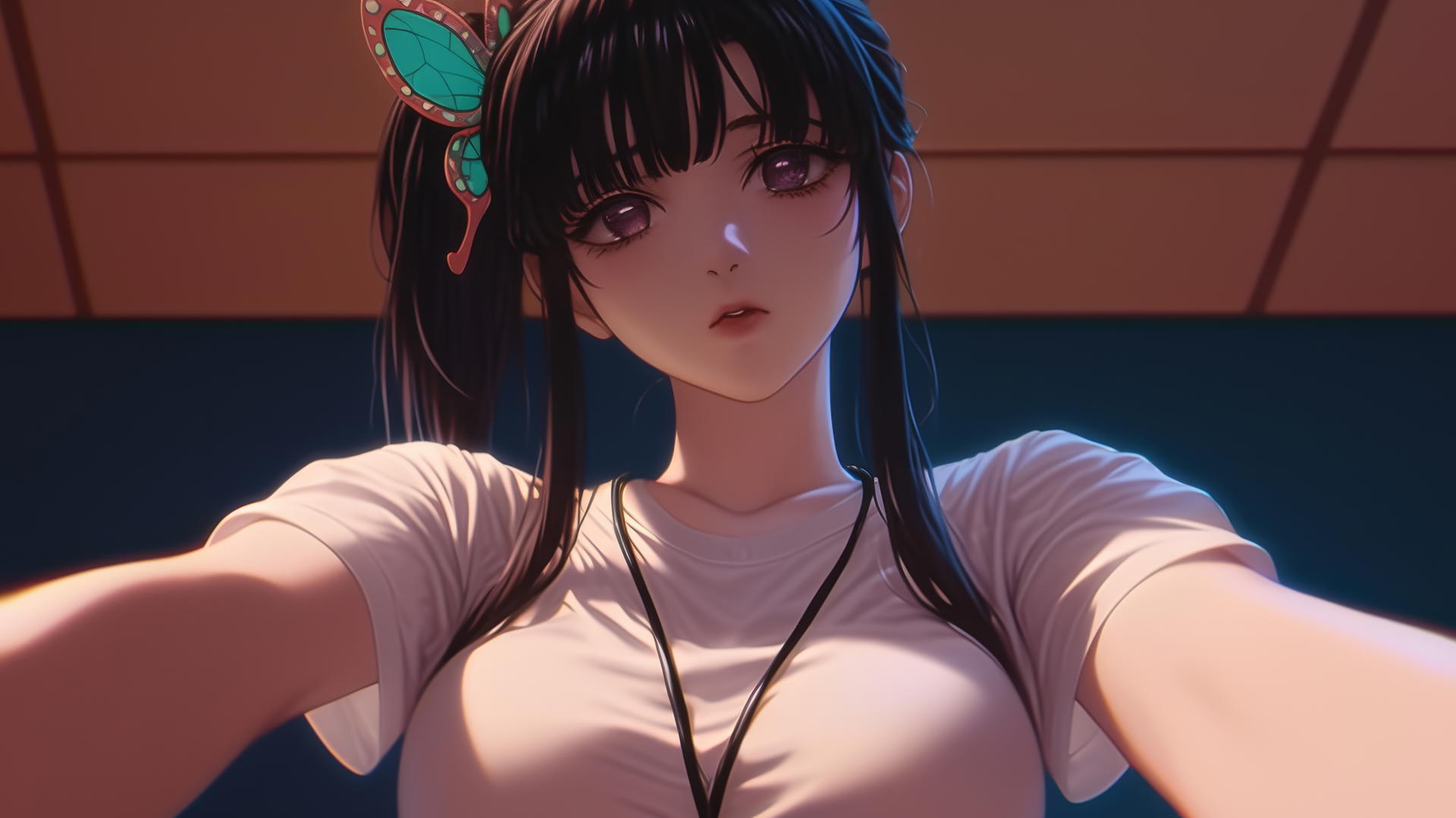 Kanao Tsuyuri kneeling, looking down with soft light highlighting her figure