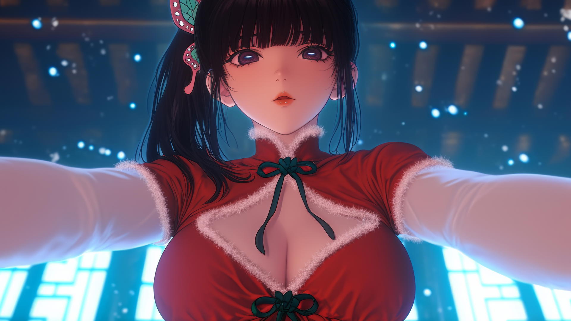 Kanao Tsuyuri in red Christmas attire, kneeling from a low angle with ceiling background